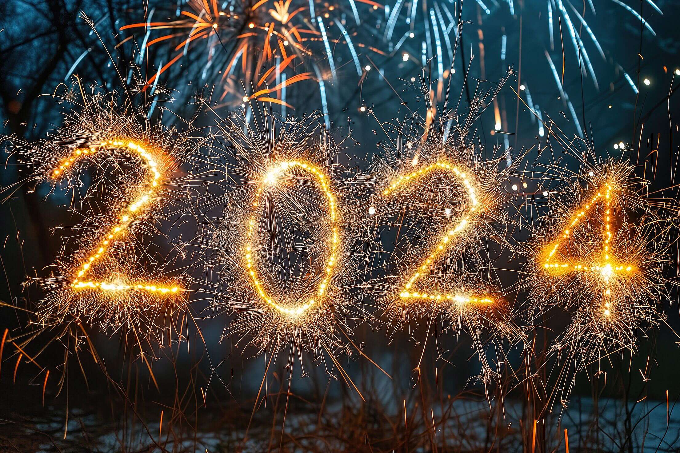 Happy New Year 2024 and Various Colors of Fireworks. Stock Image