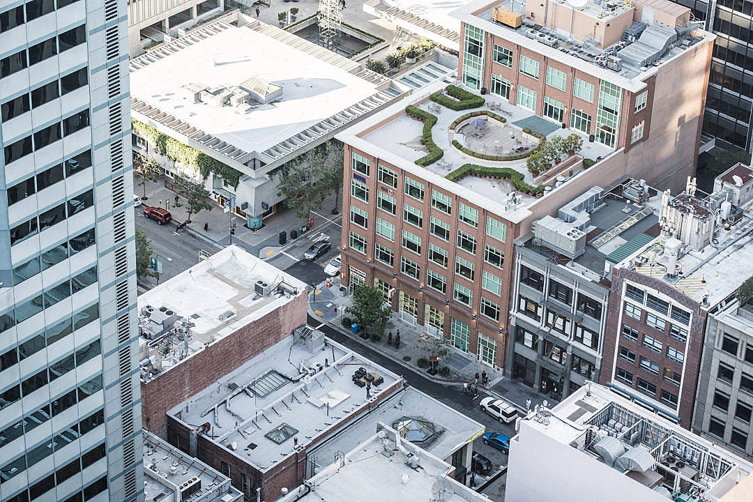 Aerial Close Up View of City Streets and Buildings