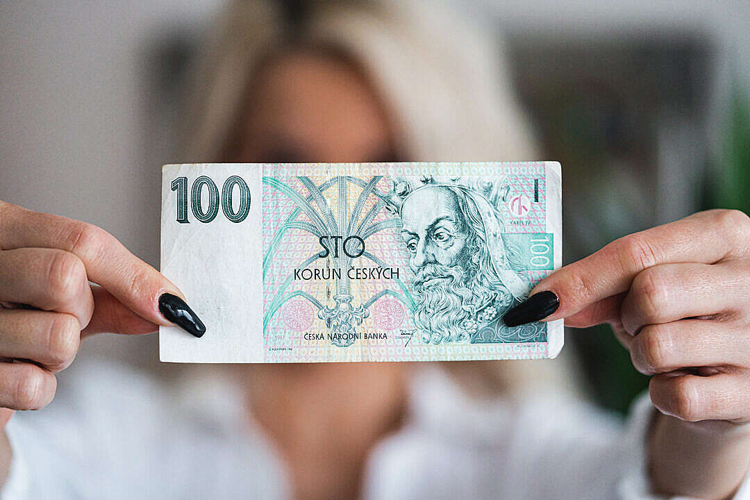 Banker Woman Showing 100 Czech Crowns Bank Note Česká Koruna