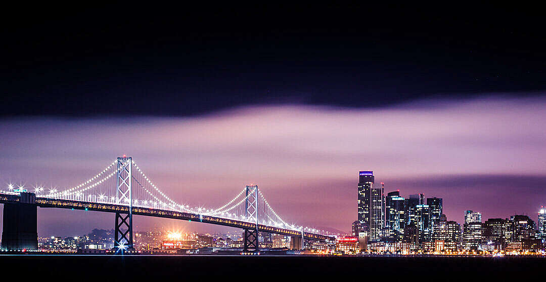 Bay Bridge with San Francisco Skyscrapers Cityscape at Night