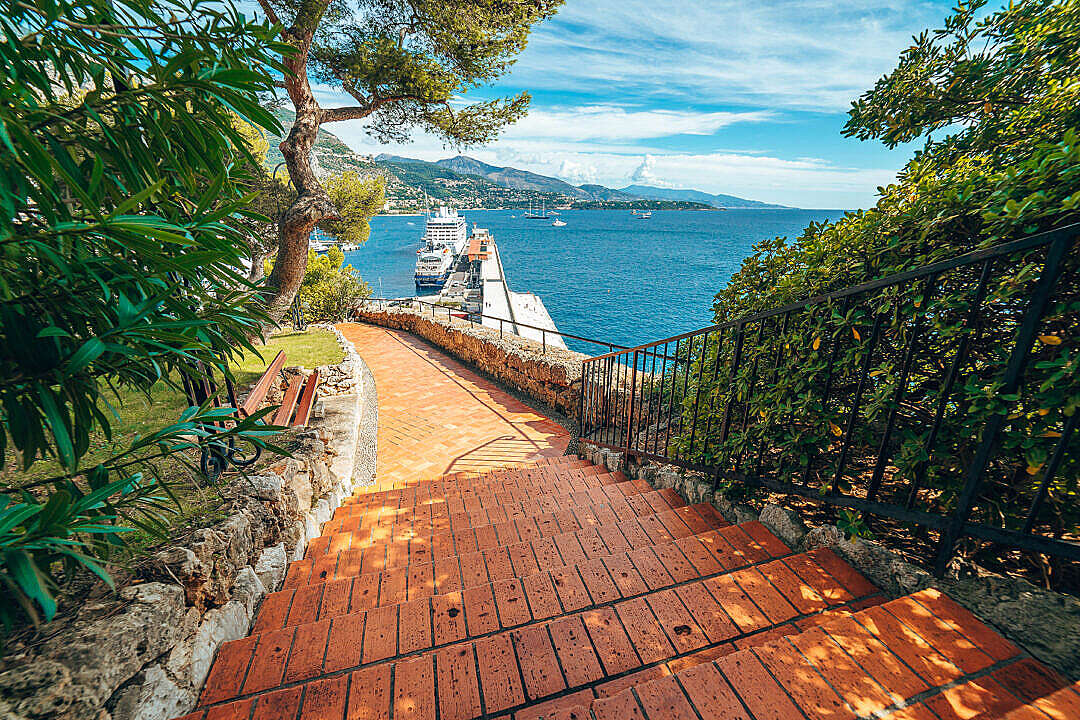 Download Beautiful Brick Stairs Walkway in Monaco with Sea View FREE Stock Photo