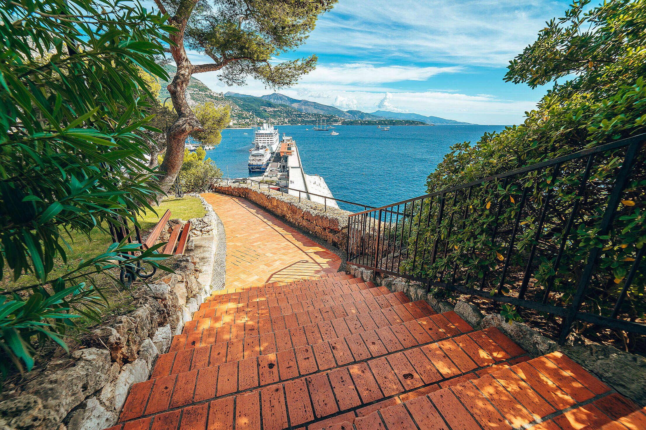 Beautiful Brick Stairs Walkway in Monaco with Sea View Free Stock Photo