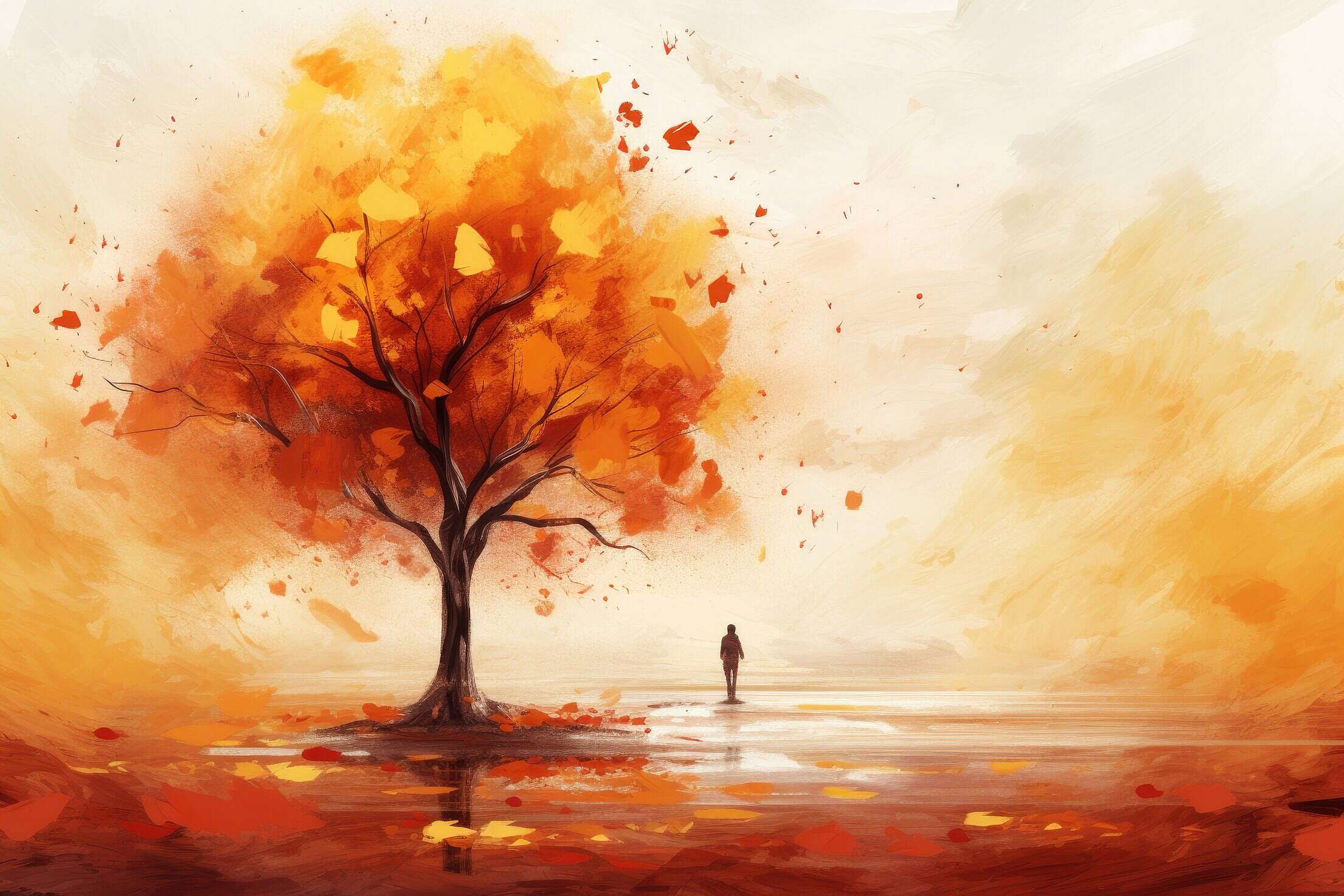 Beautiful Fall Colors Painting Lonely Autumn Tree with a Person Free ...