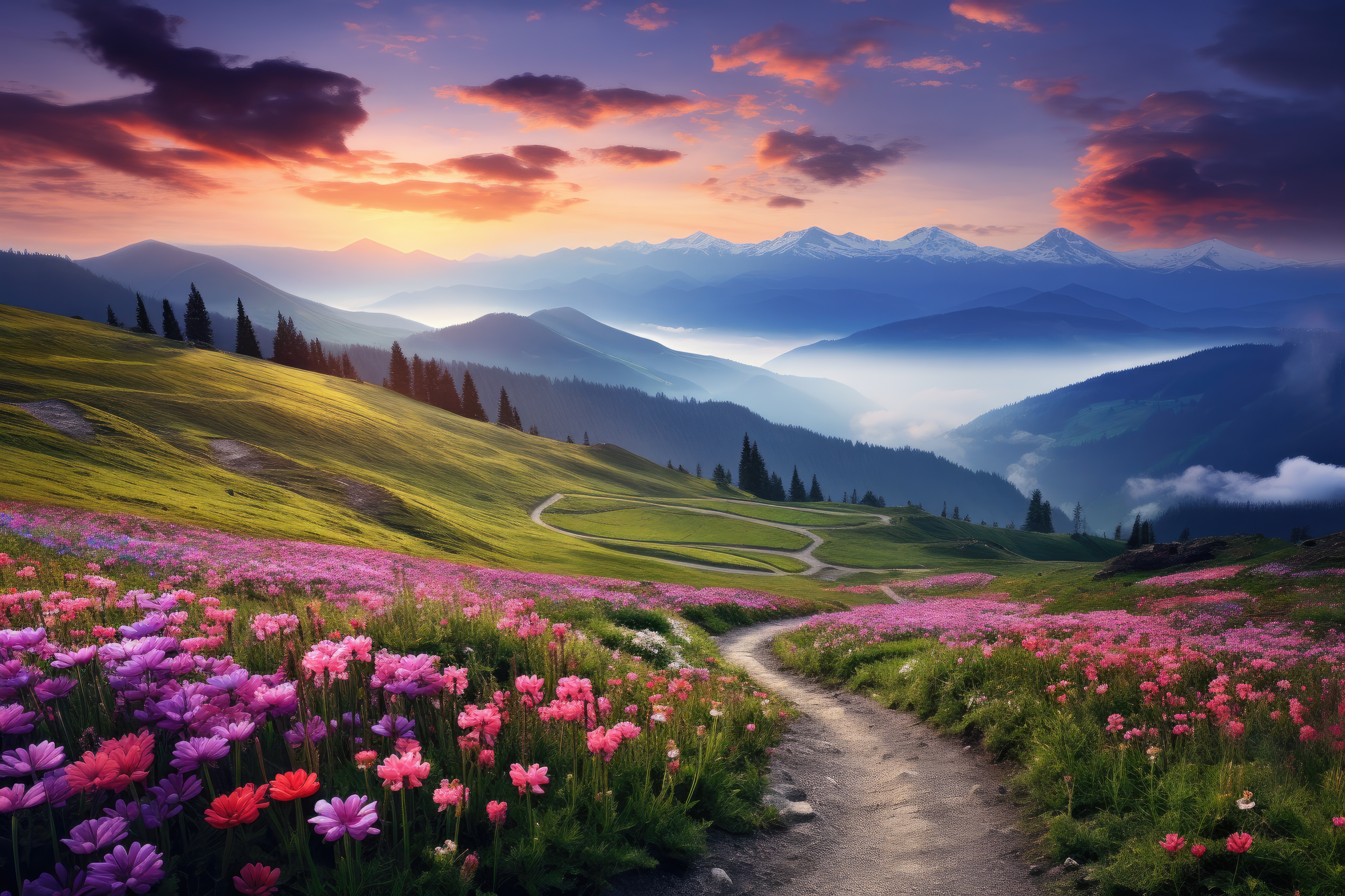 Beautiful Nature Mountain Scenery with Flowers Free Stock Photo