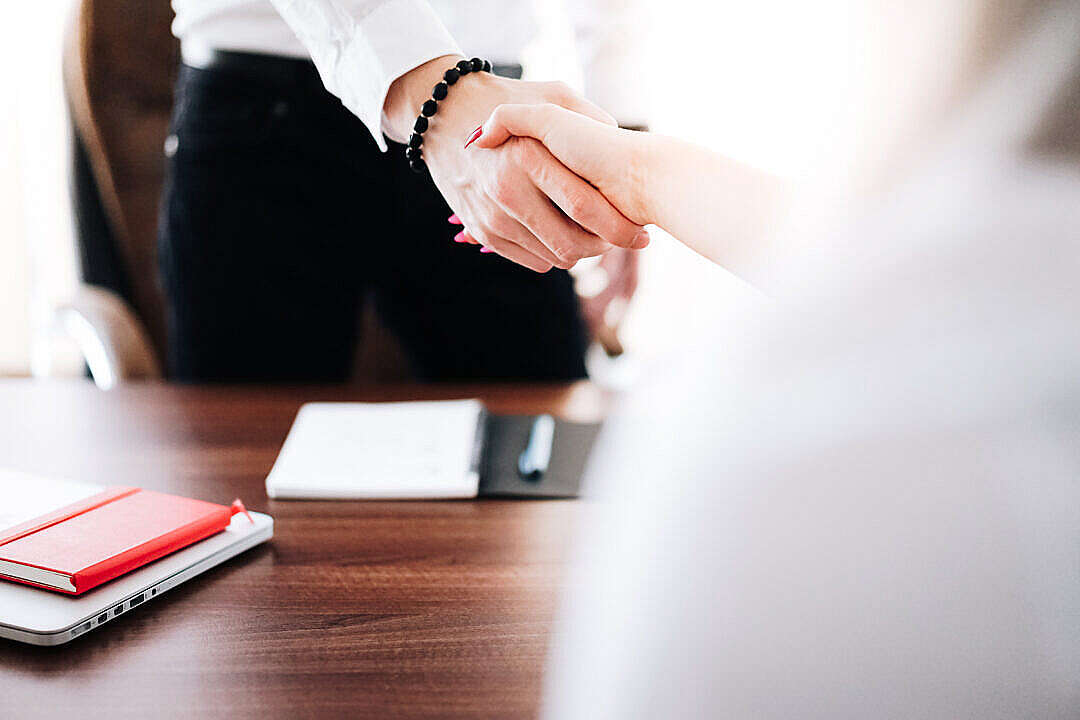 Business Man and Woman Handshake in Work Office