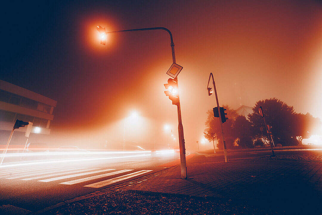 Download Car Lights & Crossroad Traffic Lights in The Fog FREE Stock Photo