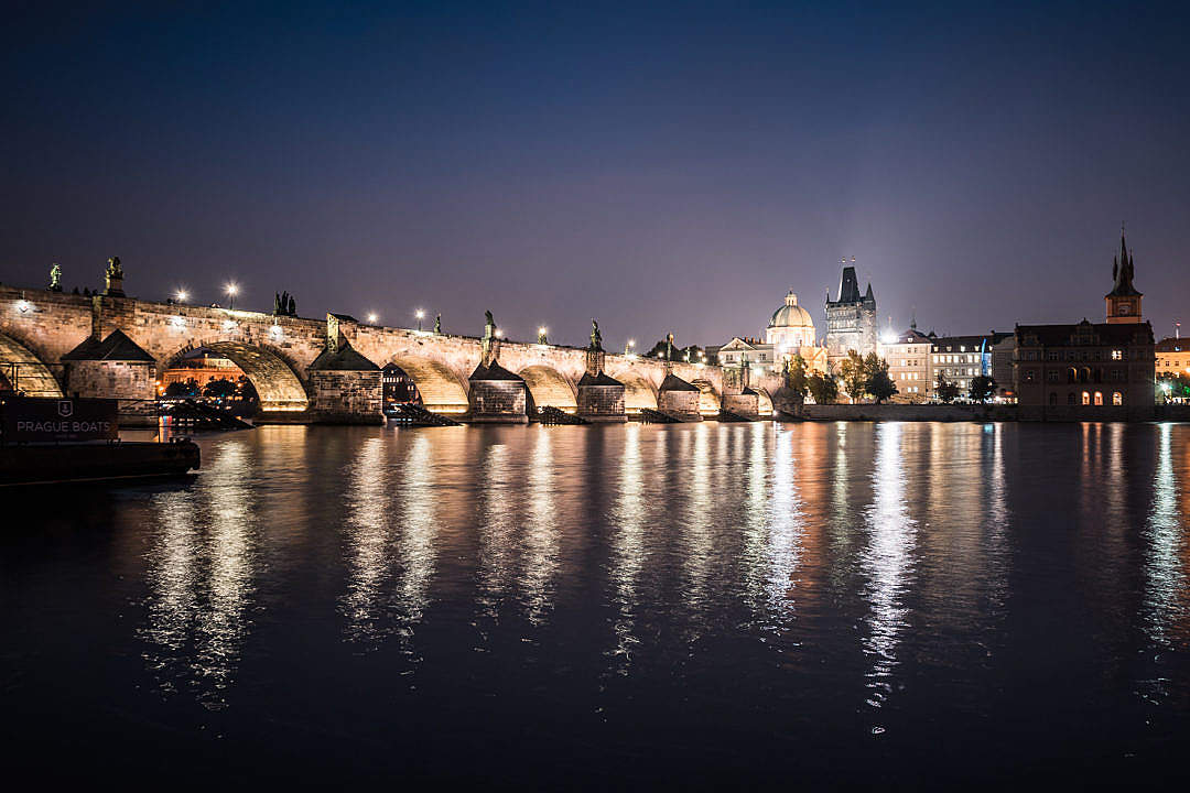 Download Charles Bridge and Vltava River in Prague at Night FREE Stock Photo