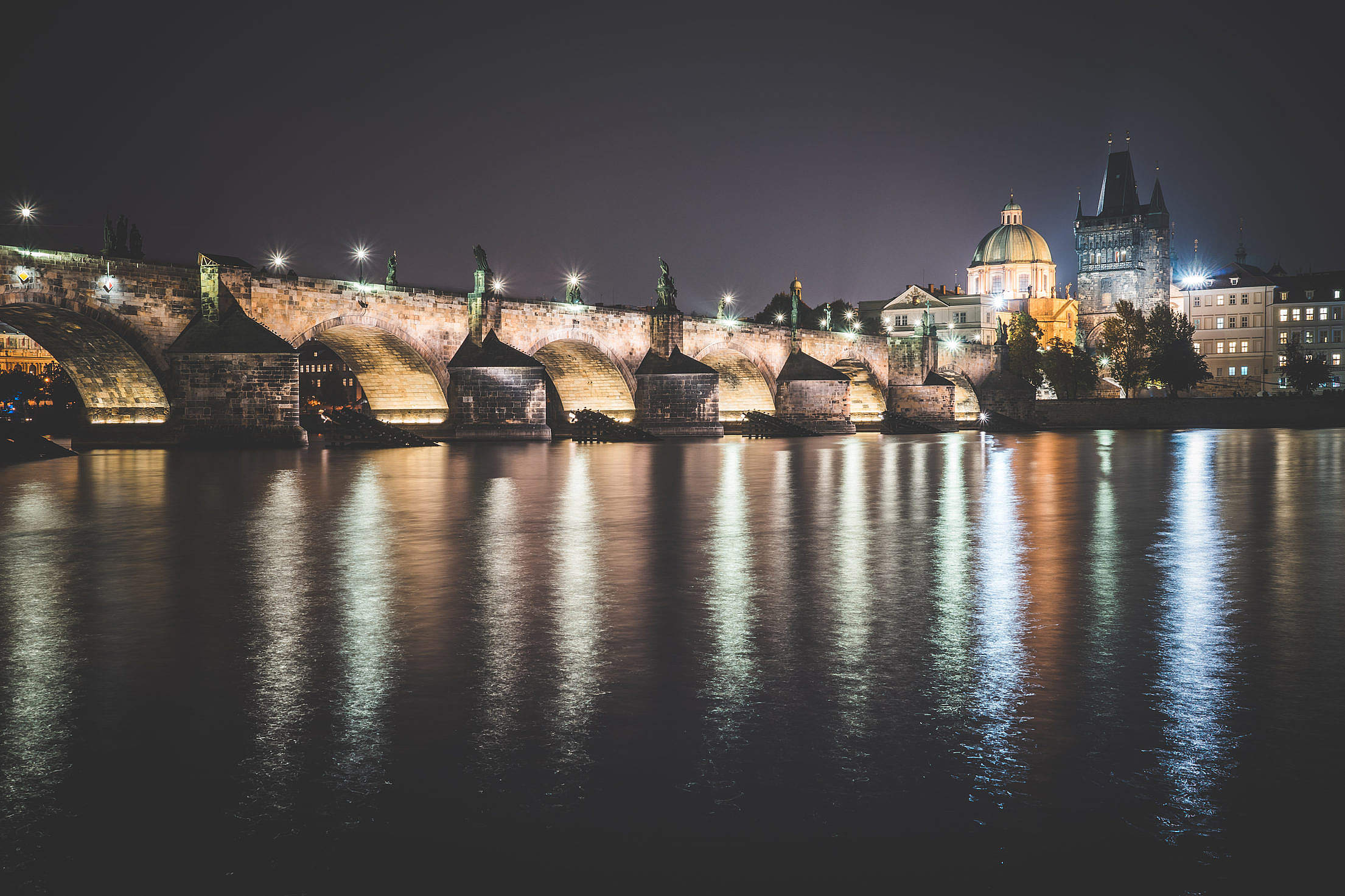Charles Bridge in Prague at Night Free Stock Photo