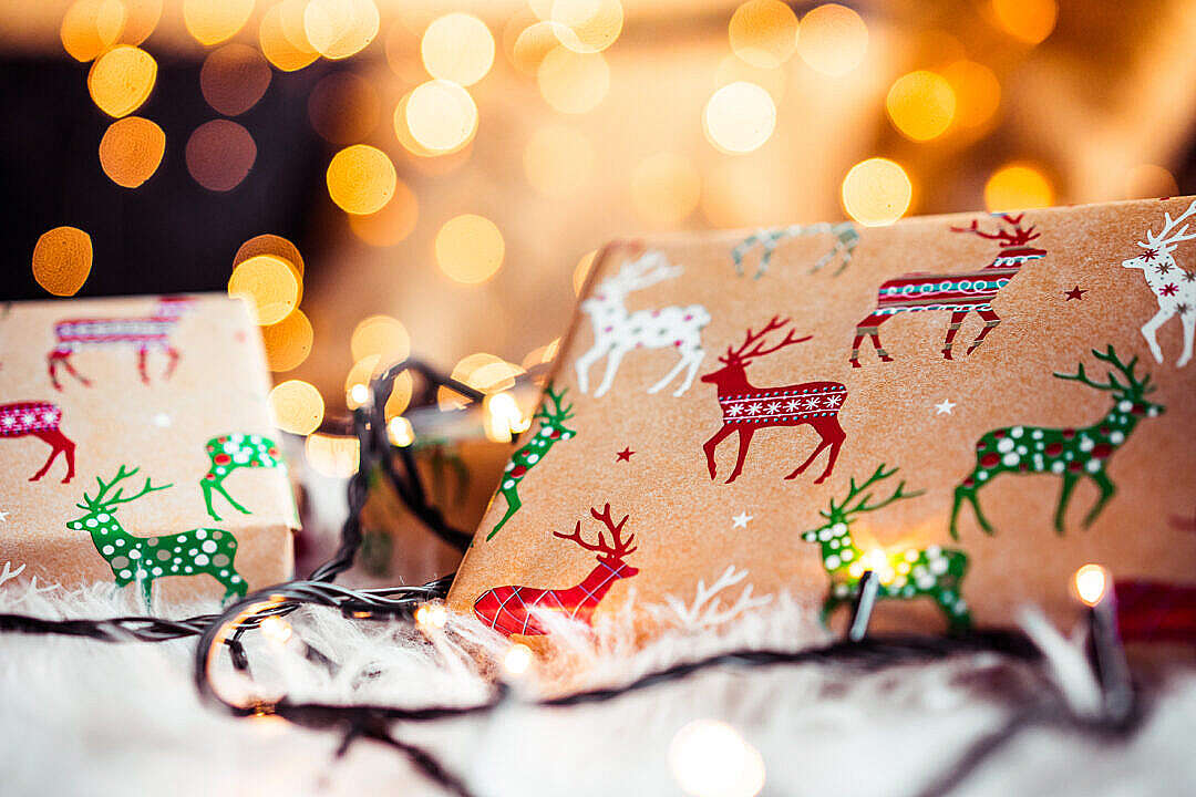Download Christmas Gifts Still Life with Beautiful Bokeh FREE Stock Photo