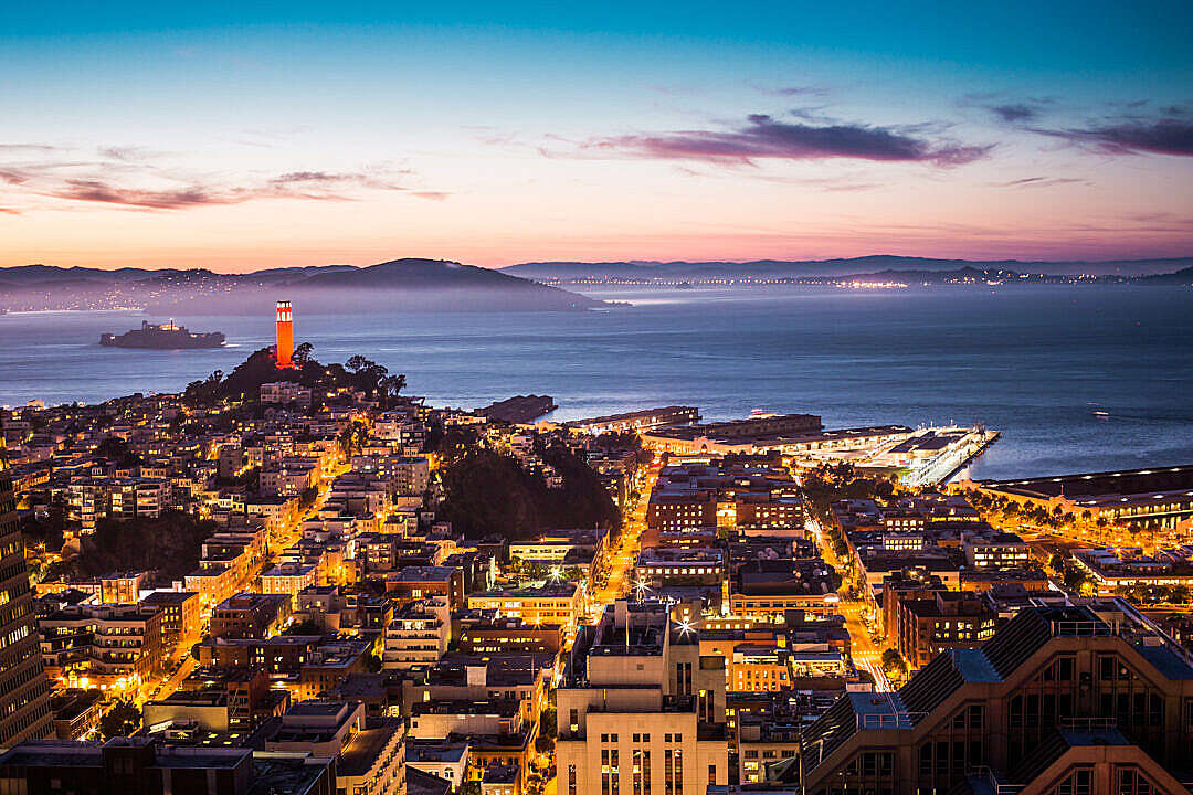 Download Coit Tower, Alcatraz and Part of San Francisco Bay At Night FREE Stock Photo
