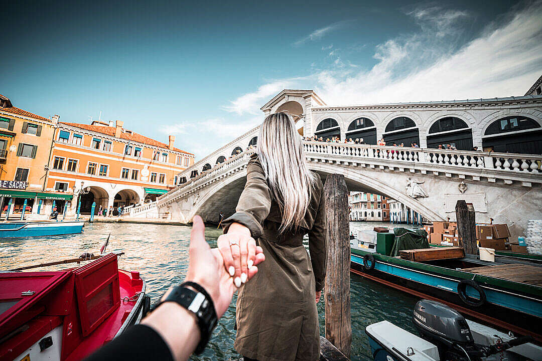 Couple in Follow Me To Pose in Front of Rialto Bridge, Venice