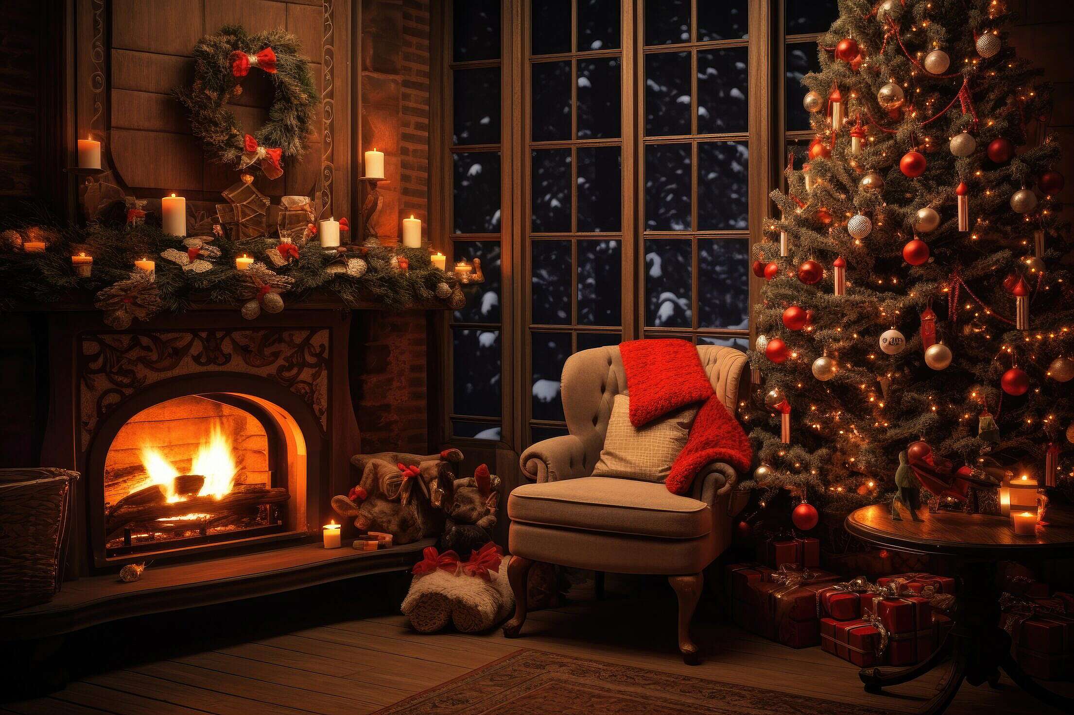 Cozy Christmas Living Room with Fireplace at Night Free Stock Photo ...