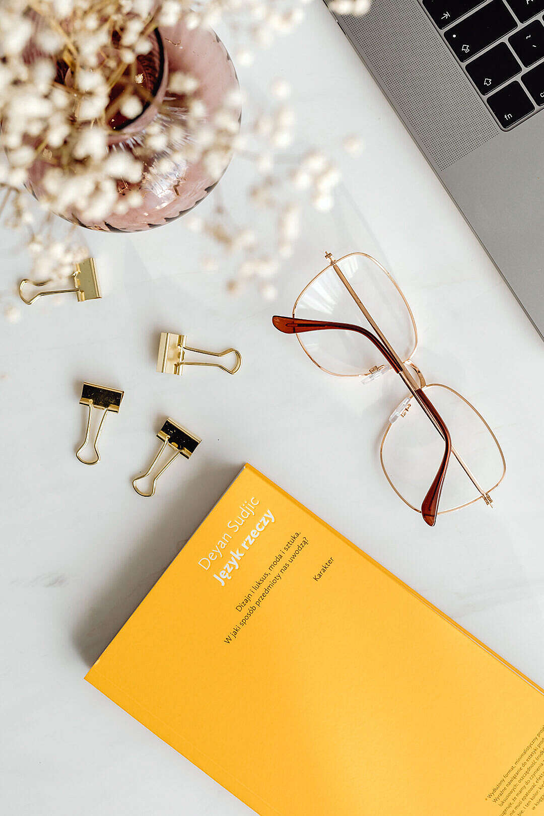 Download Creative Flatlay Design Book and Eyeglasses on the Table FREE Stock Photo