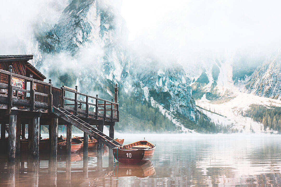 Download Foggy Lago di Braies in the Morning FREE Stock Photo