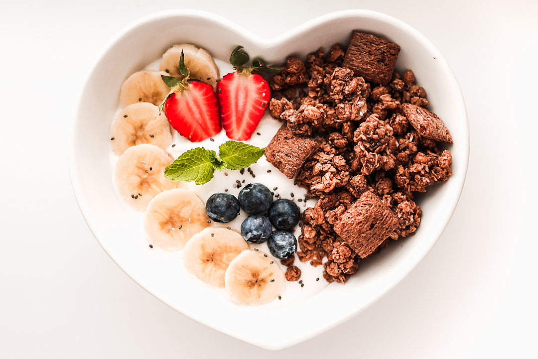 Download Fresh & Healthy Breakfast in Heart-shaped Bowl FREE Stock Photo