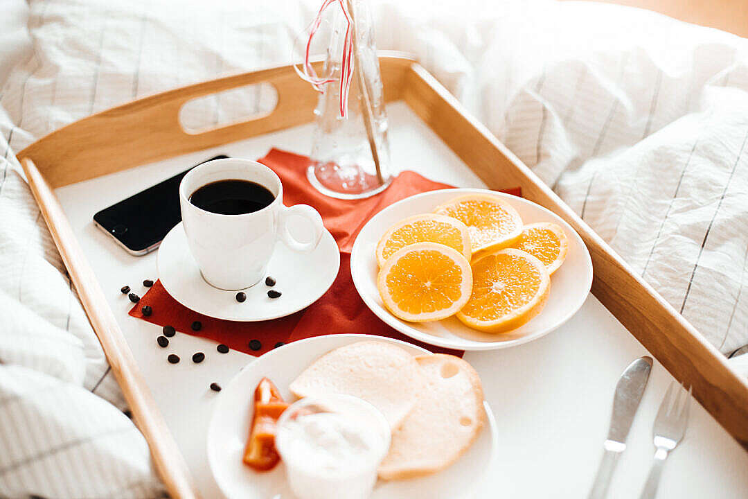 Download Fresh & Romantic Morning Breakfast in Bed FREE Stock Photo