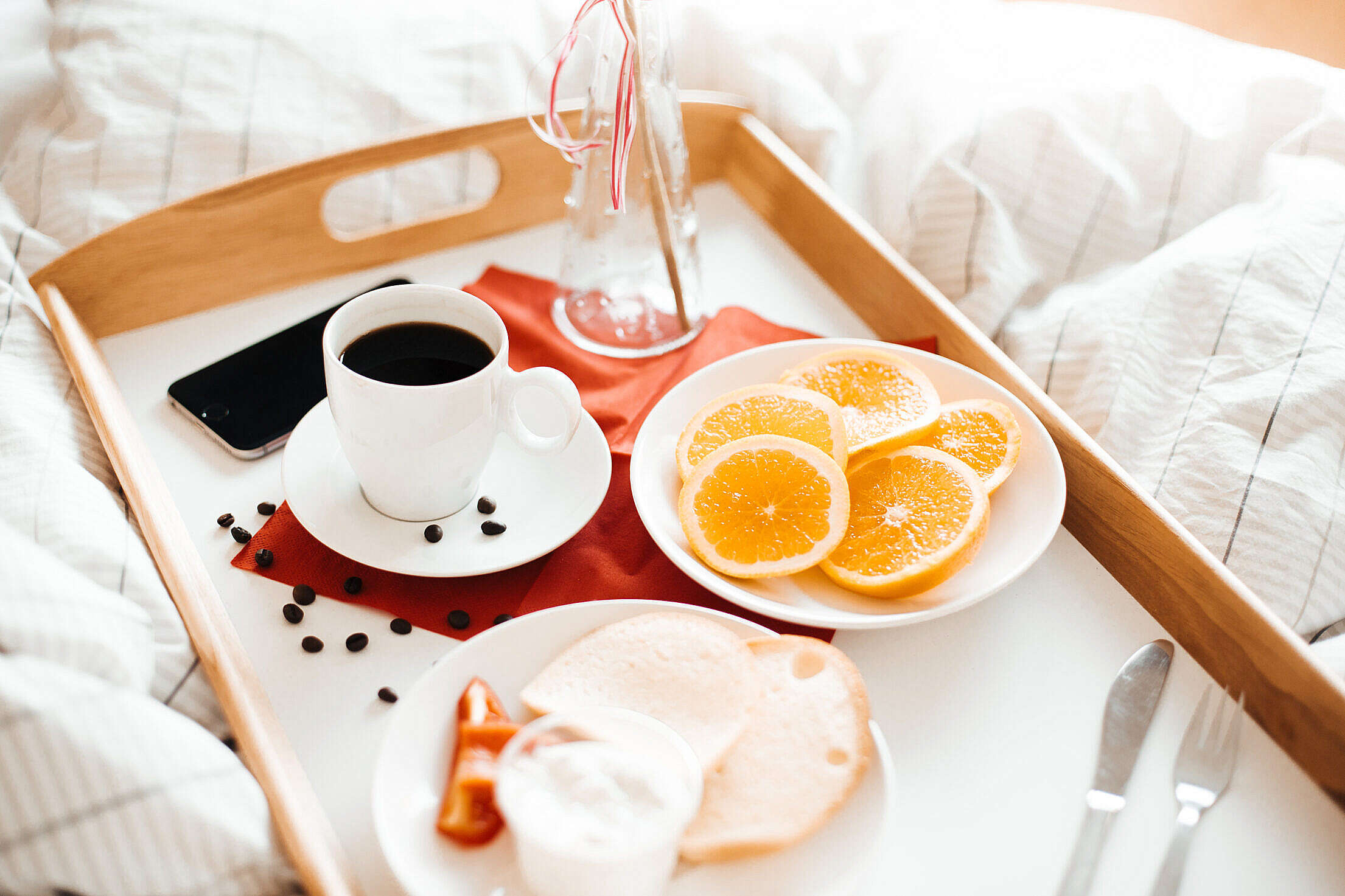 Fresh & Romantic Morning Breakfast in Bed Free Stock Photo