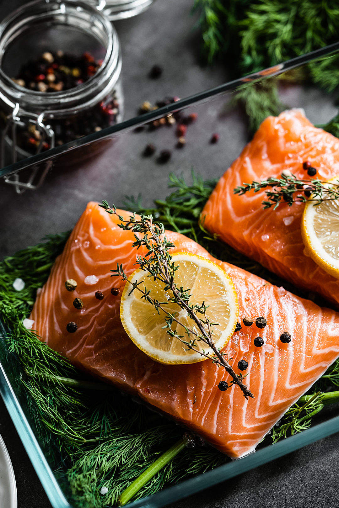 Fresh Raw Salmon Fillets with Aromatic Herbs