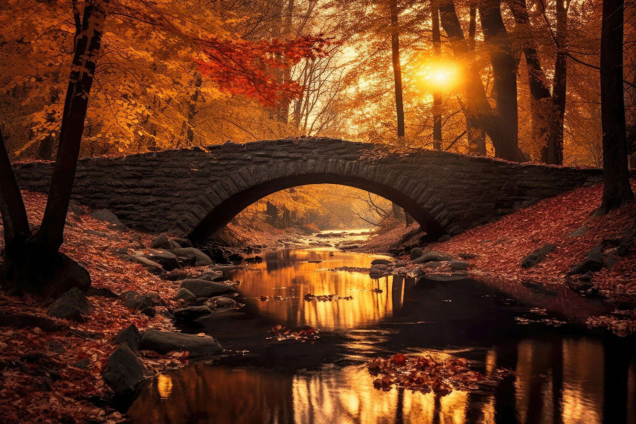 Golden Hour in Old Park Romantic Fall Nature with Old Bridge Free Stock ...
