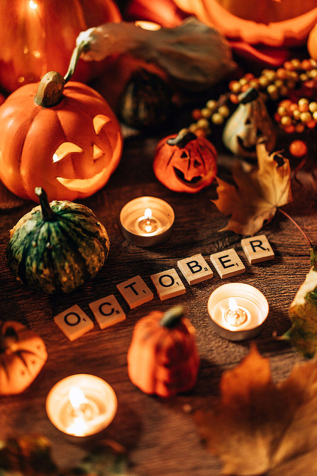 Halloween Still Life with October Scrabble Tiles