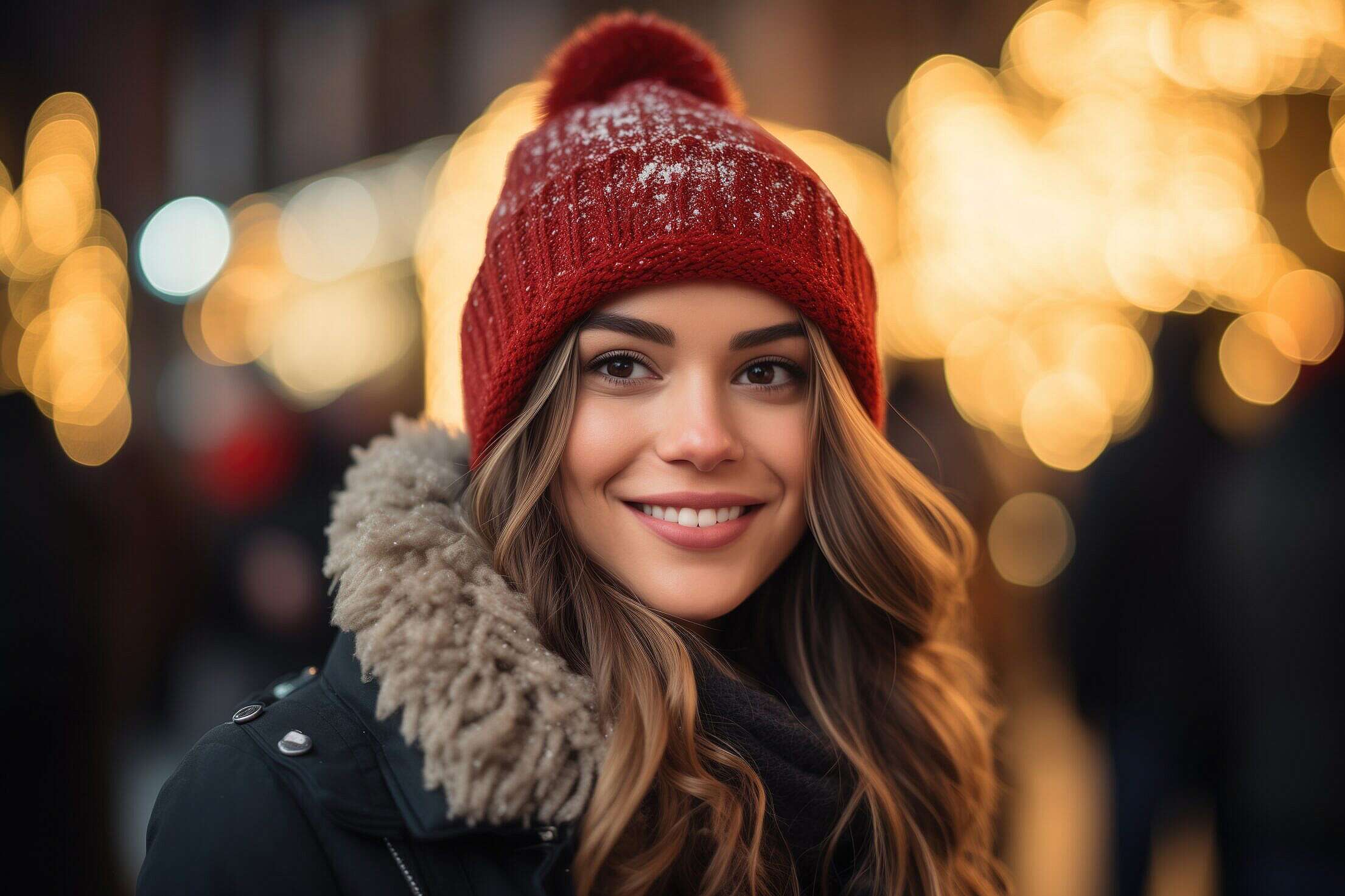 Happy Young Woman Smiling and Enjoying Christmas Market Free Stock ...