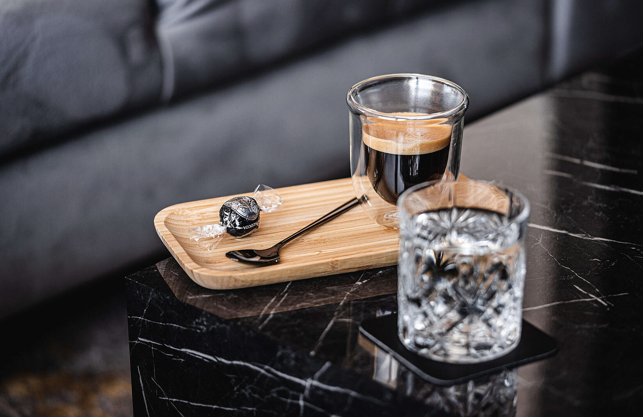 Homemade Lungo Cafe on a Marble Table Free Stock Photo