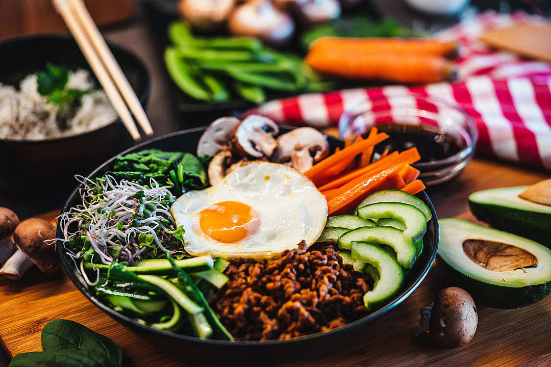 Korean Bibimbap Rice Dish Topped with a Fried Egg