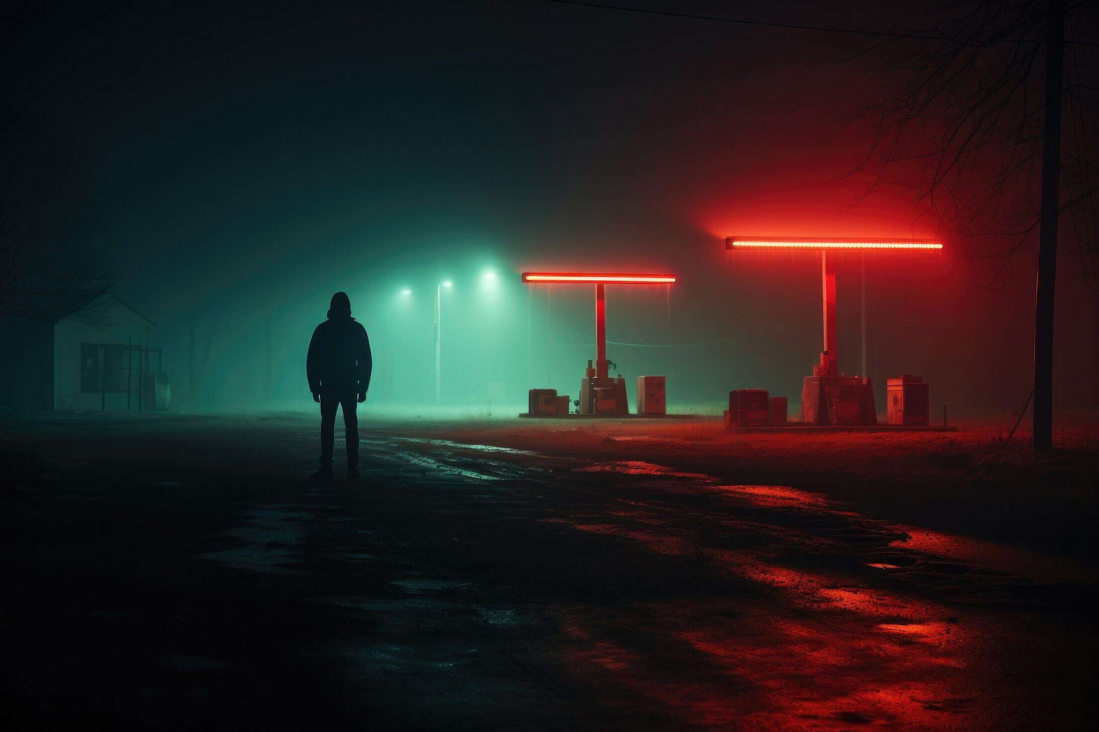 Man Standing in the Middle of Nowhere Neon Gas Station at Night Free ...