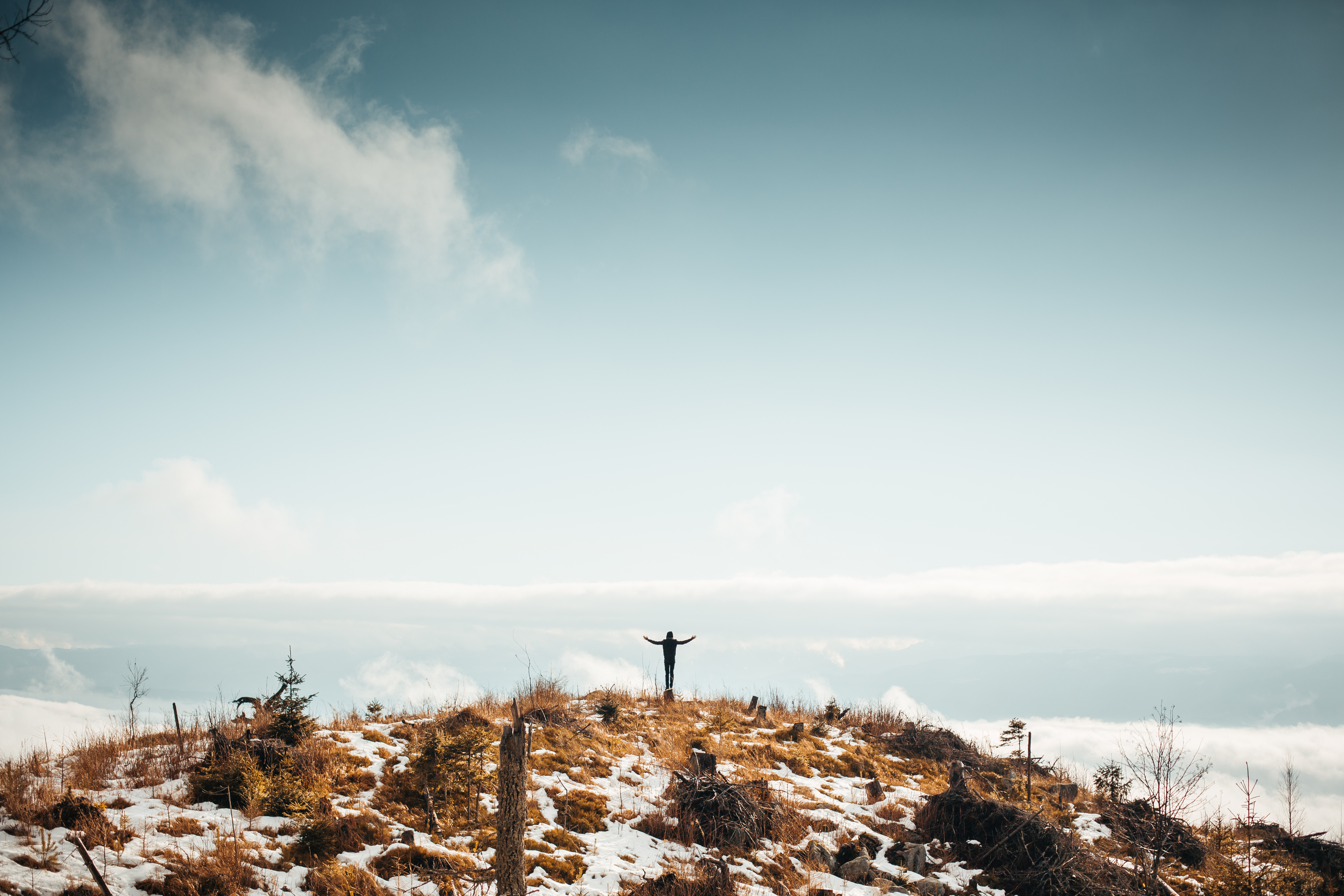 Man With Open Arms On The Top Of The Mountain Free Stock Photo Picjumbo