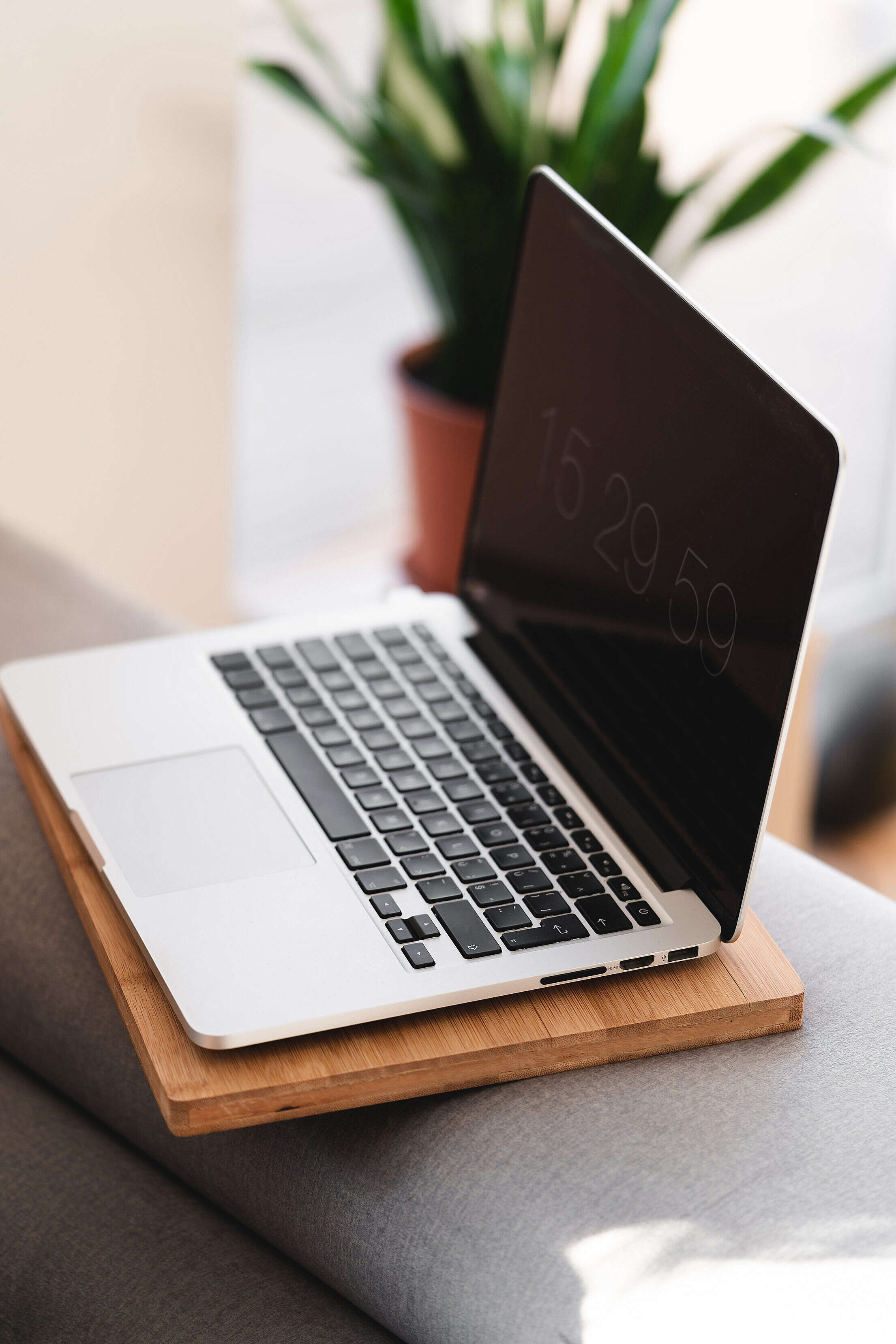 Modern MacBook Laptop on a Sofa at Home Free Stock Photo