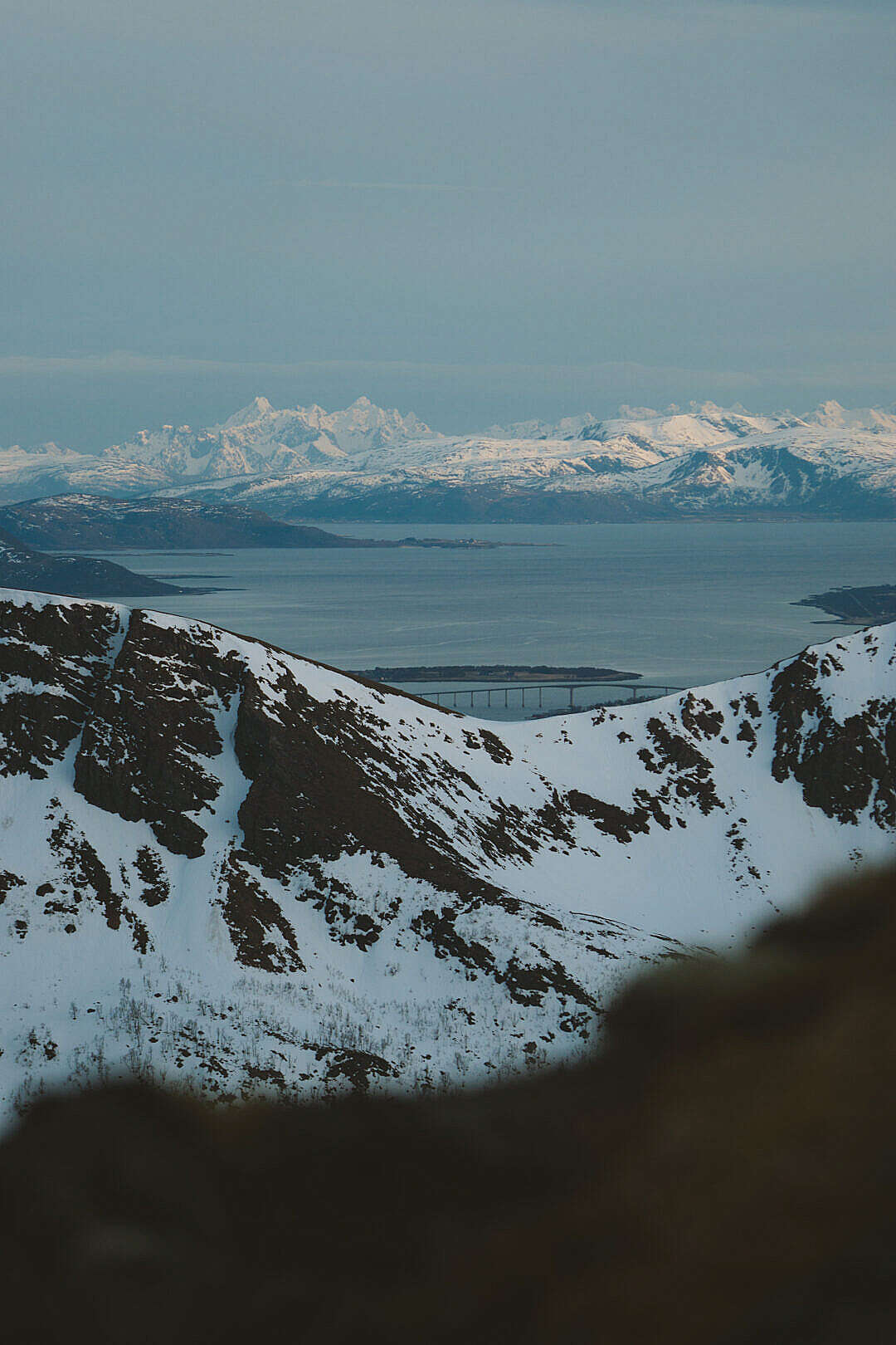 Norway Winter Landscape with Snowy Mountains and Fjord