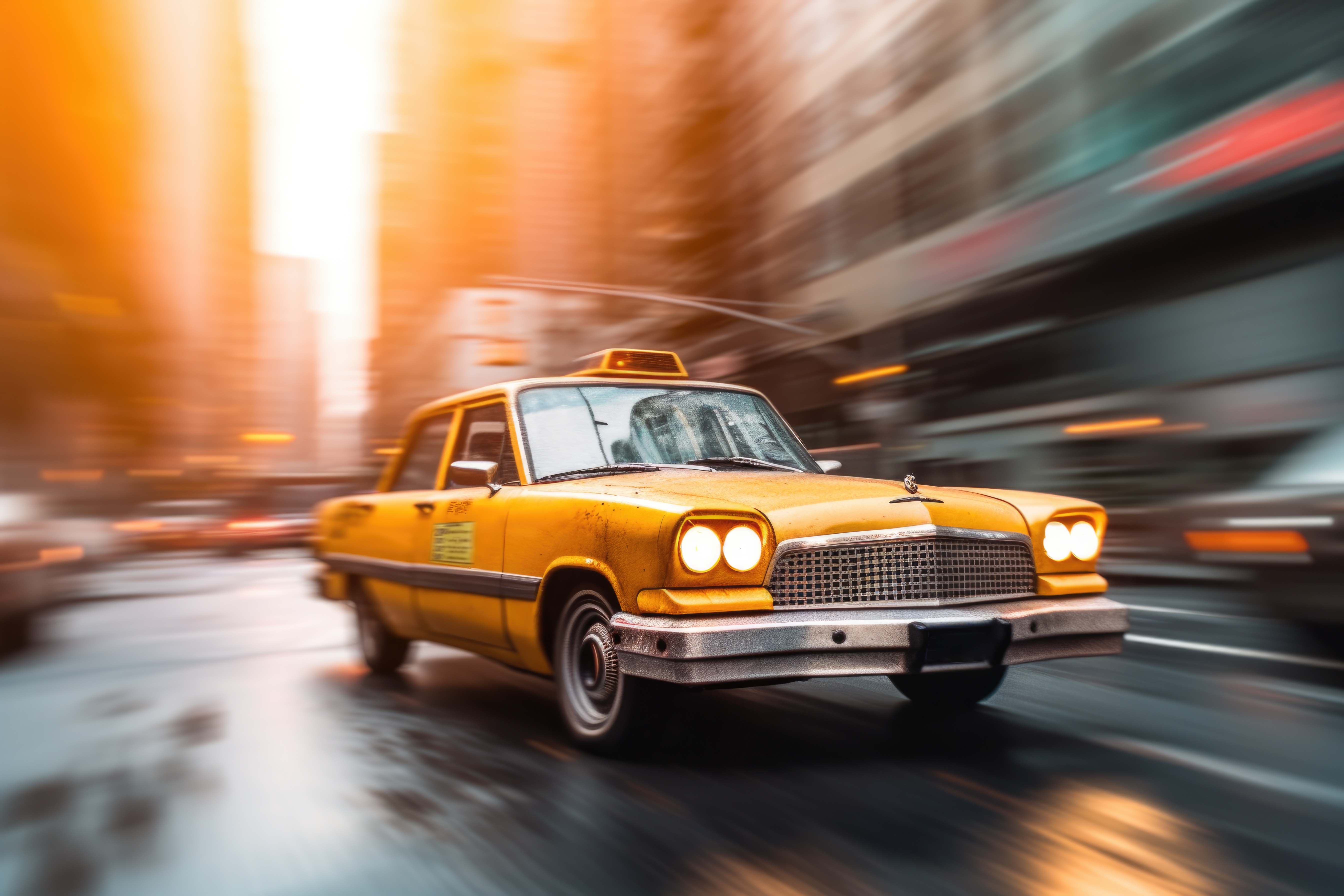 Vintage Taxi in Dark City Scene - Dreamy Pointillism Style - AI Image #3151  - AixStock - Free AI Stock Images