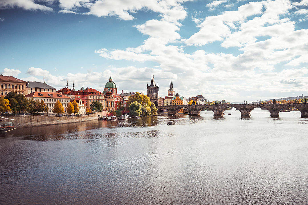 Prague Vltava River and Charles Bridge in Autumn