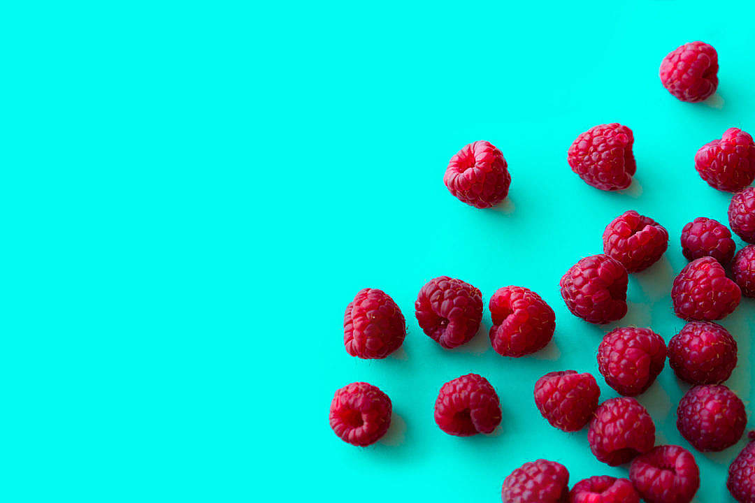 Raspberries with Blue Background Space for Text