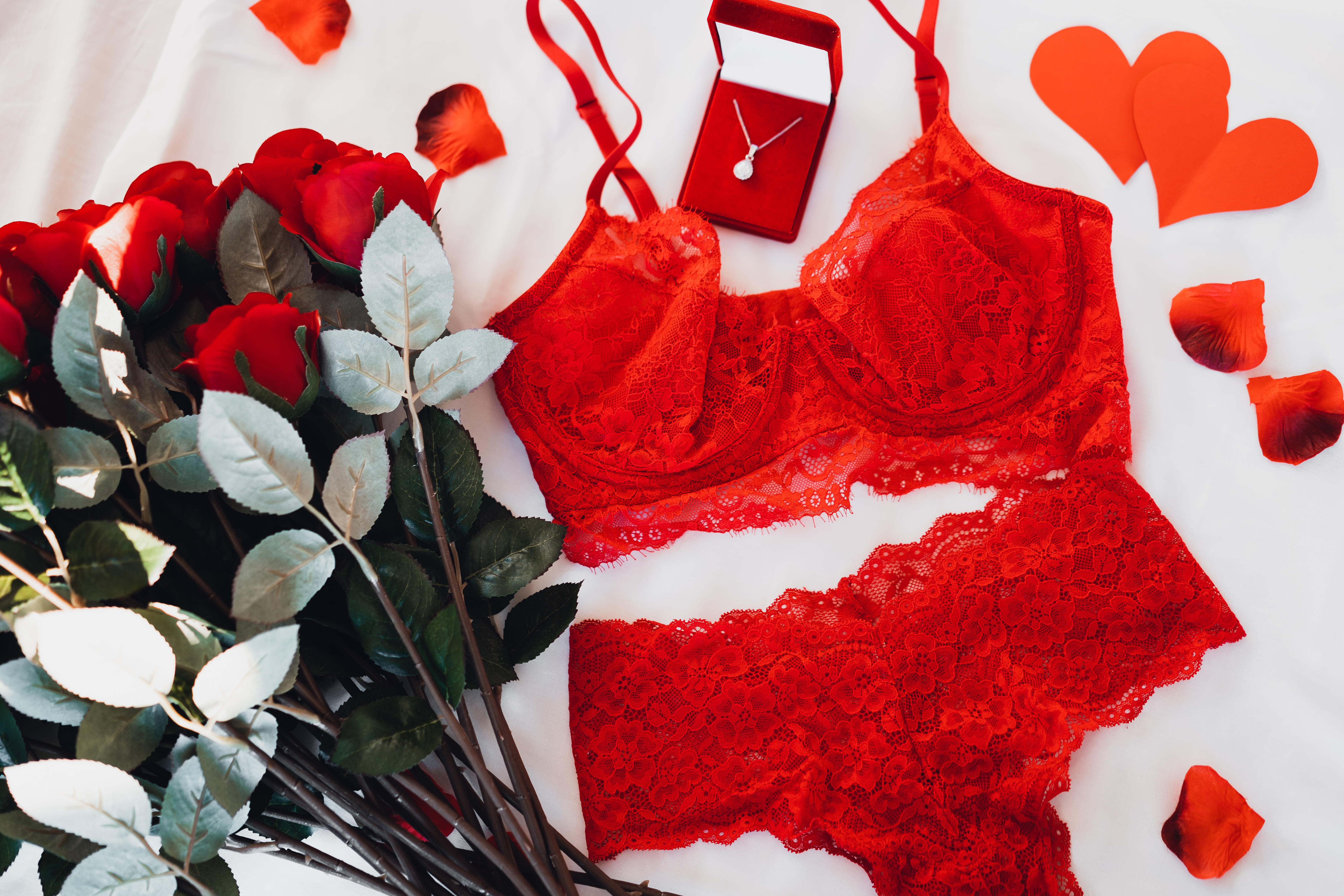 Red Sexy Lingerie with a Bouquet of Roses and a Necklace Free