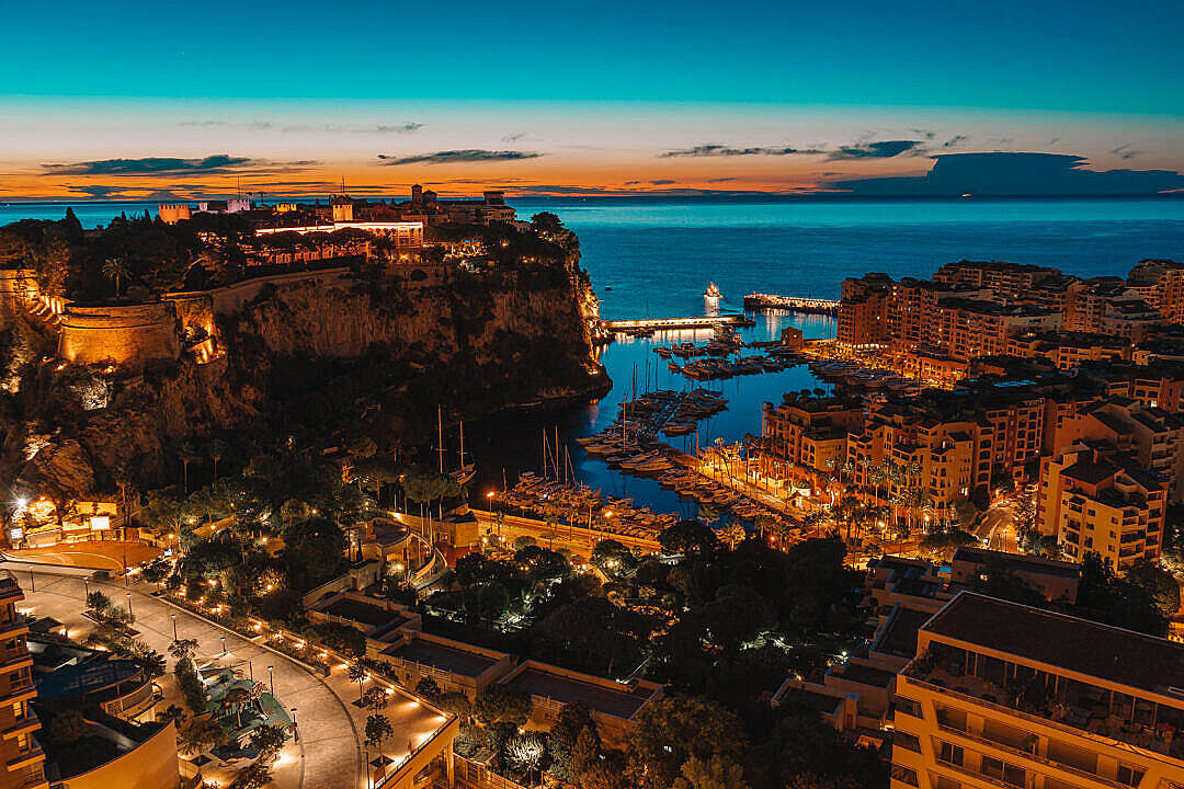 Download Rock of Monaco (Le Rocher) and Parts of Monte Carlo and Fontvielle Harbors Before Sunrise FREE Stock Photo