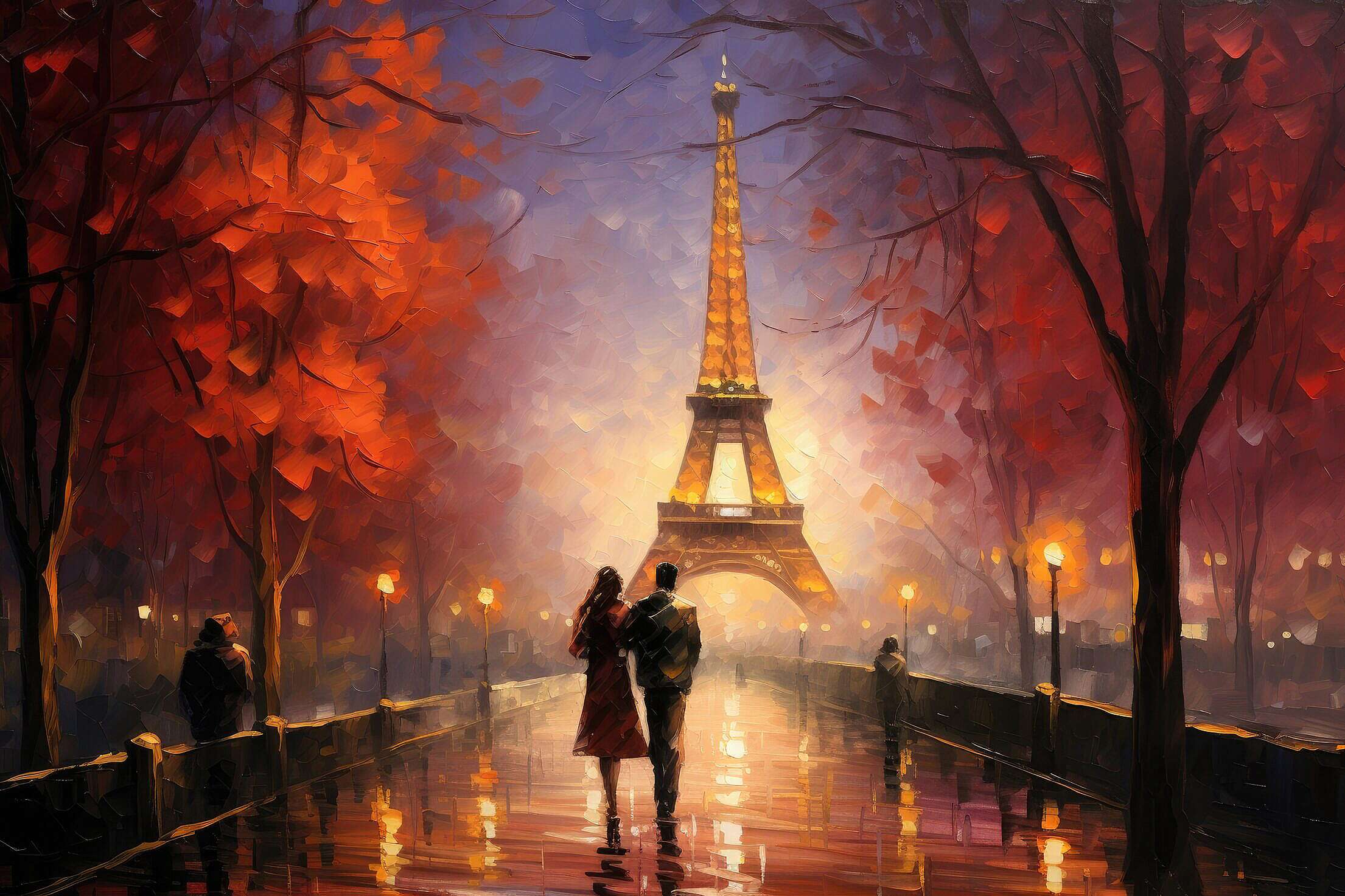 Romantic Painting of Elegant Couple and Eiffel Tower in Paris, France ...