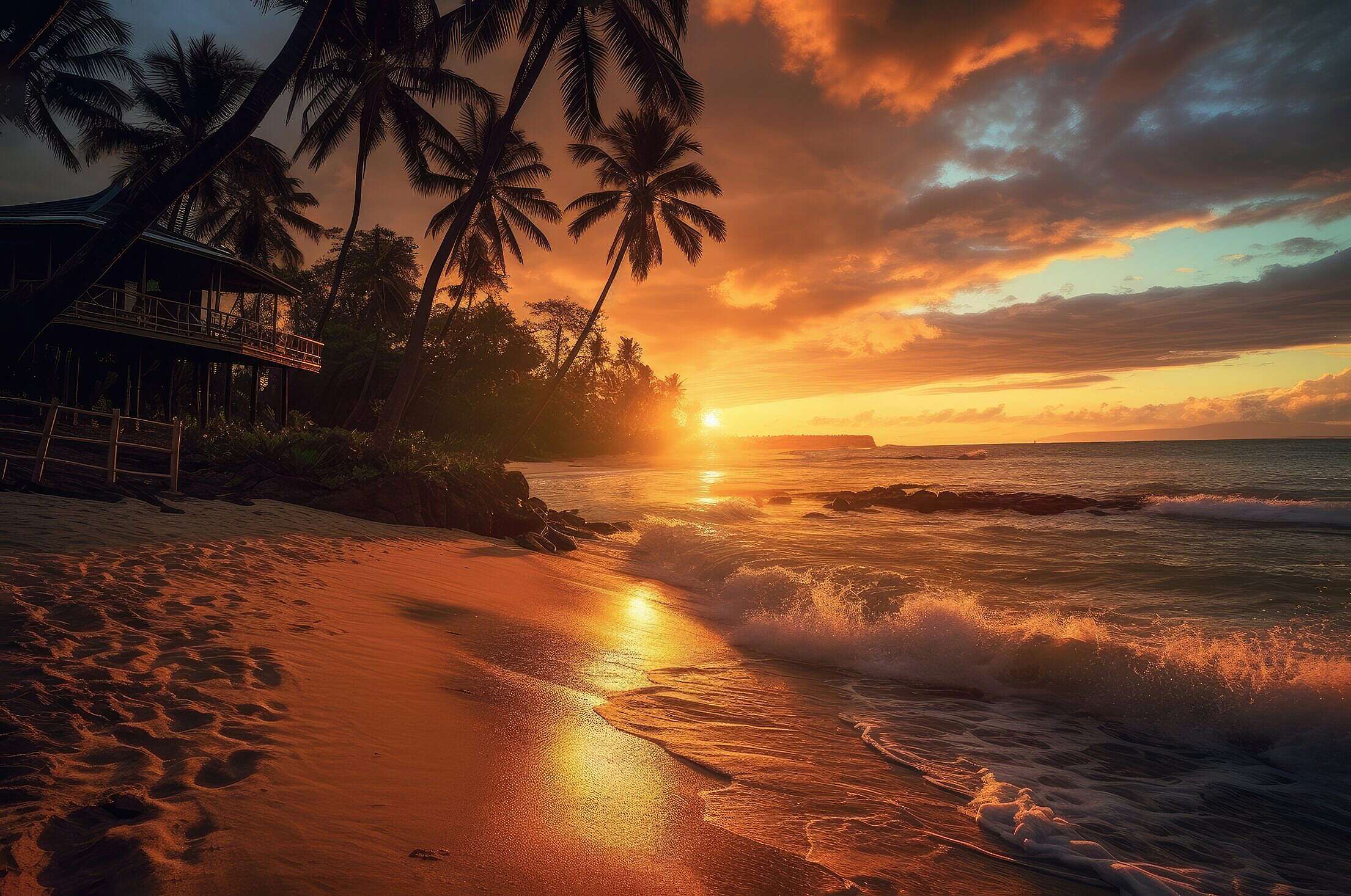 Romantic Tropical Beach With Villa And Palms During Beautiful Sunset Free Stock Photo Picjumbo