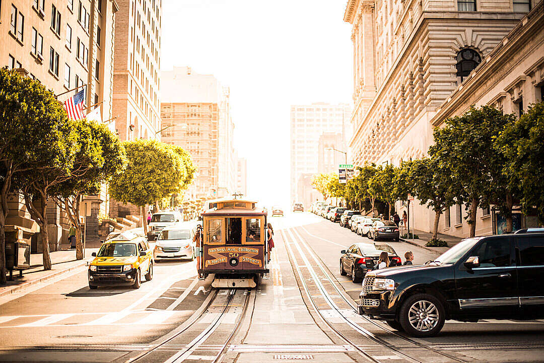 Download San Francisco Cable Car on Sunny California Street FREE Stock Photo