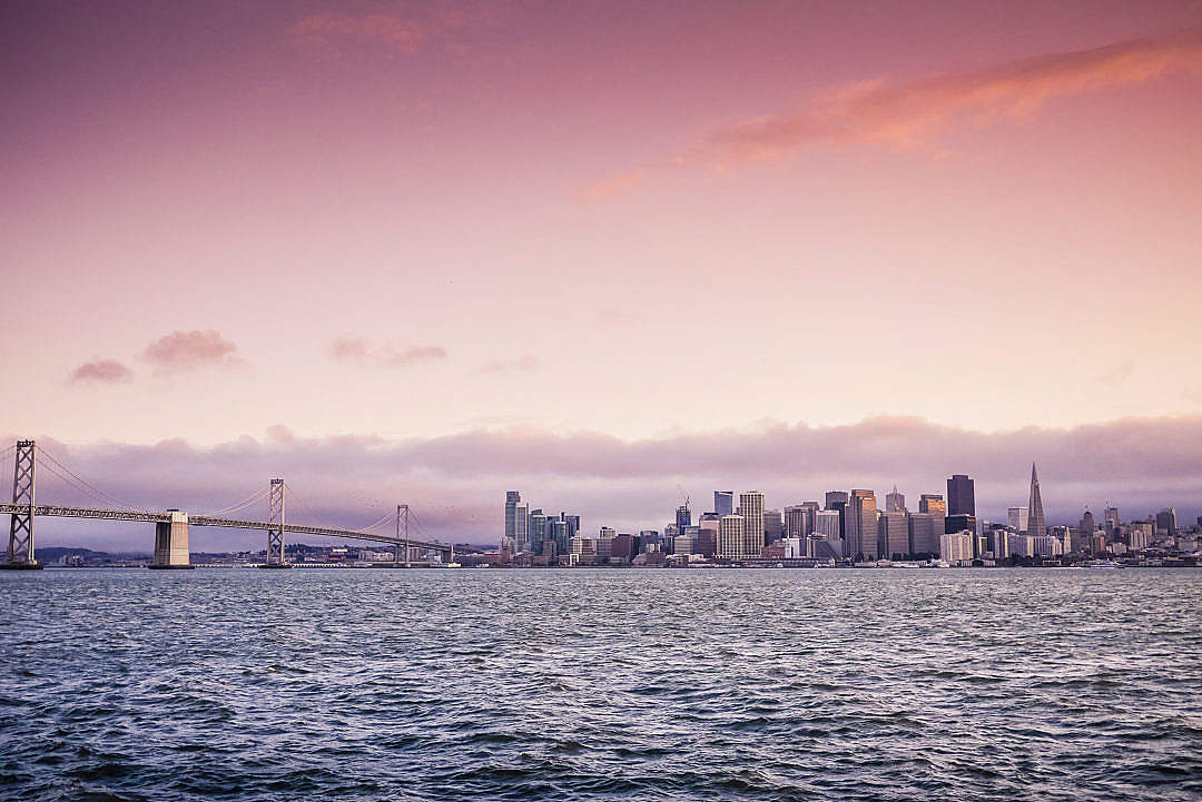 Download San Francisco Evening Skyline and Bay Bridge at Sunset FREE Stock Photo