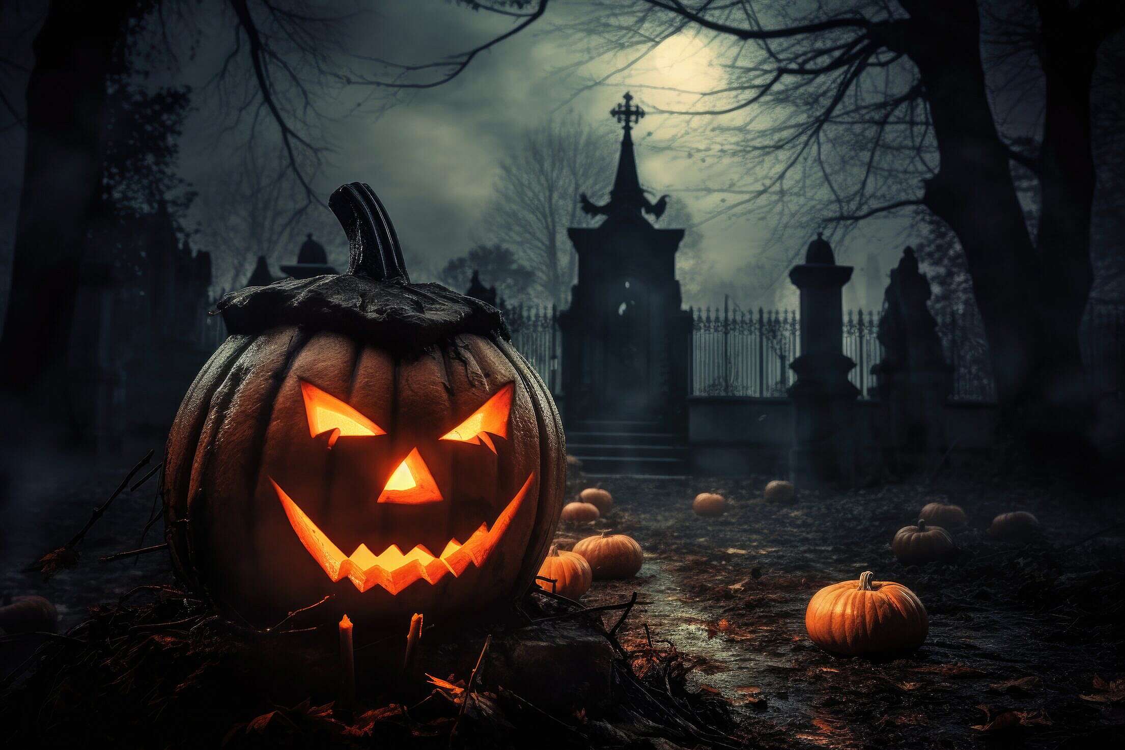 Scary Halloween Pumpkin Near Dark Graveyard Free Stock Photo | picjumbo