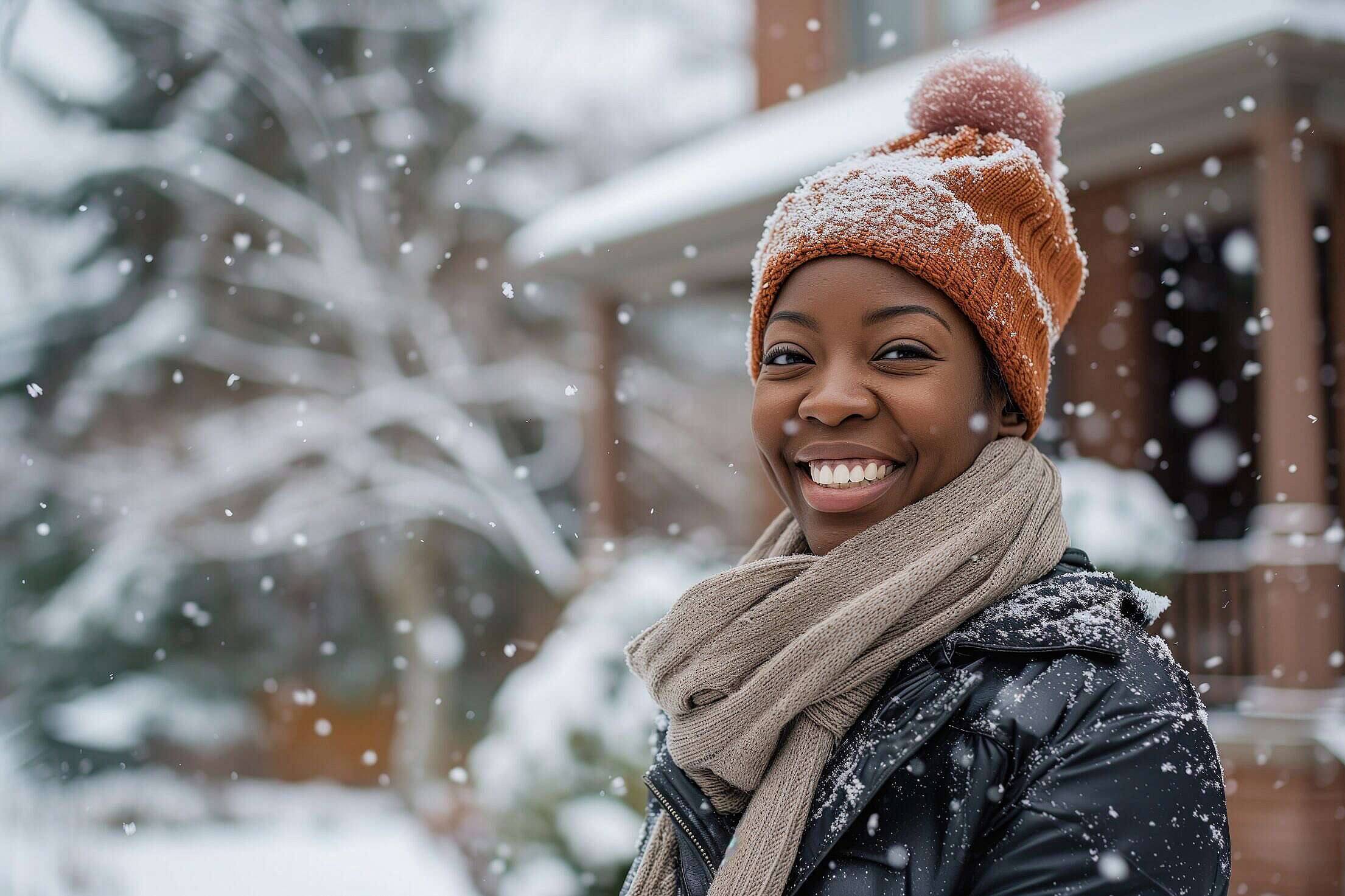 Charming black girl in cozy winter clothes smiling at camera on