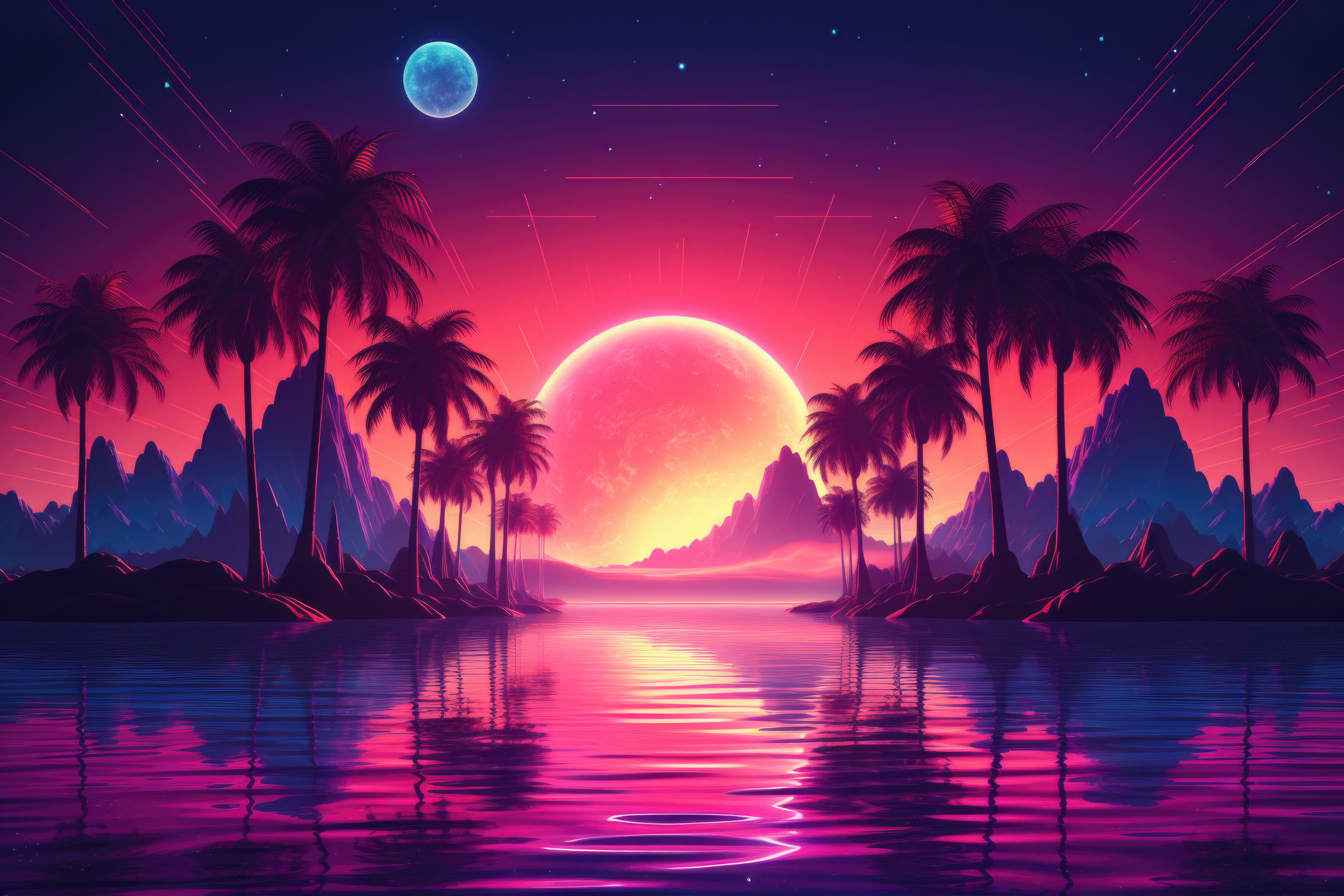 Wallpaper. Starting prompt: A synthwave style sunset above the reflecting  water of the sea, with a silhouette of a large city, digital art. : r/dalle2