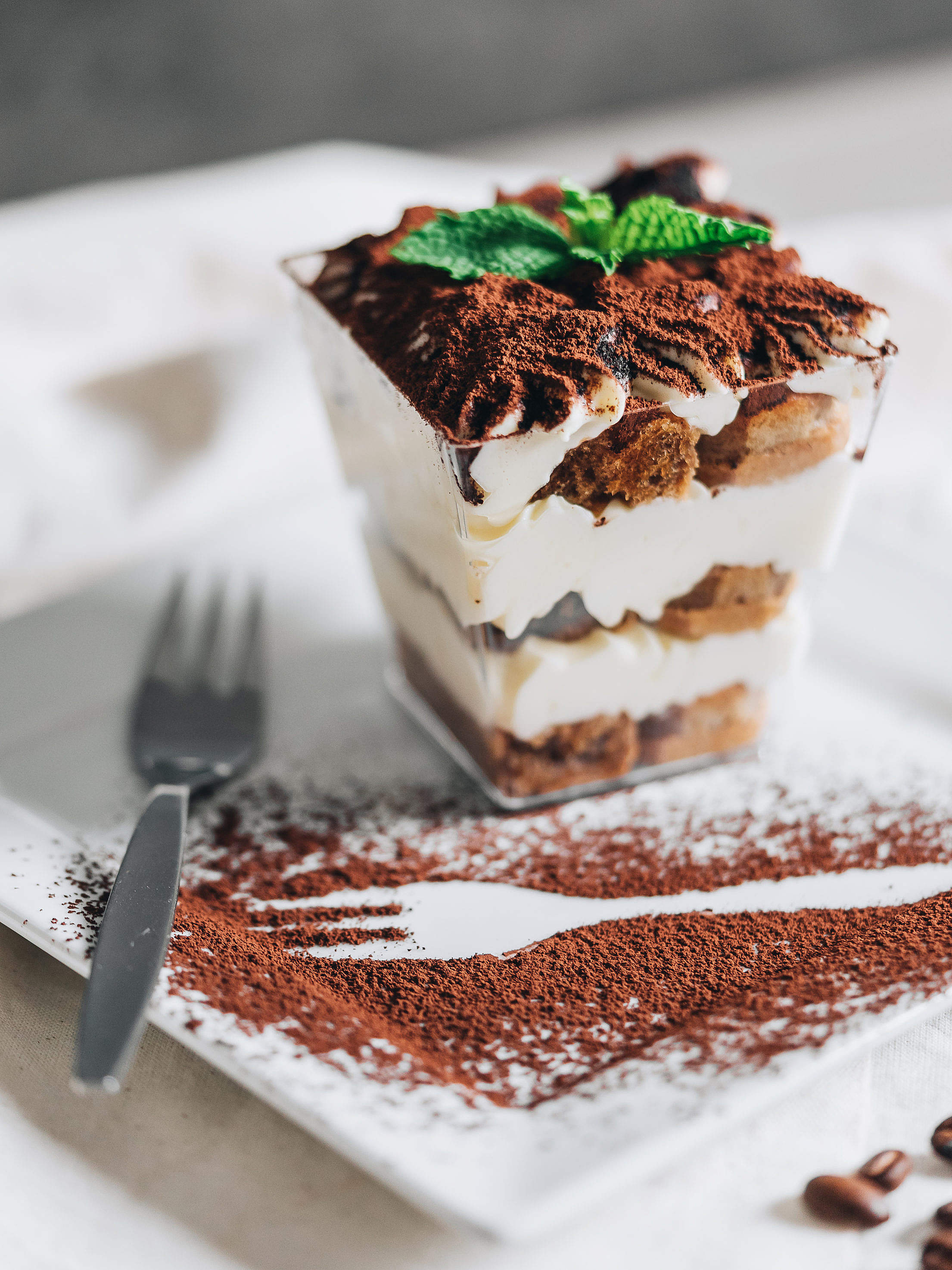 Tiramisu Served with Fork Outline Dusted with Cocoa Powder Free Stock