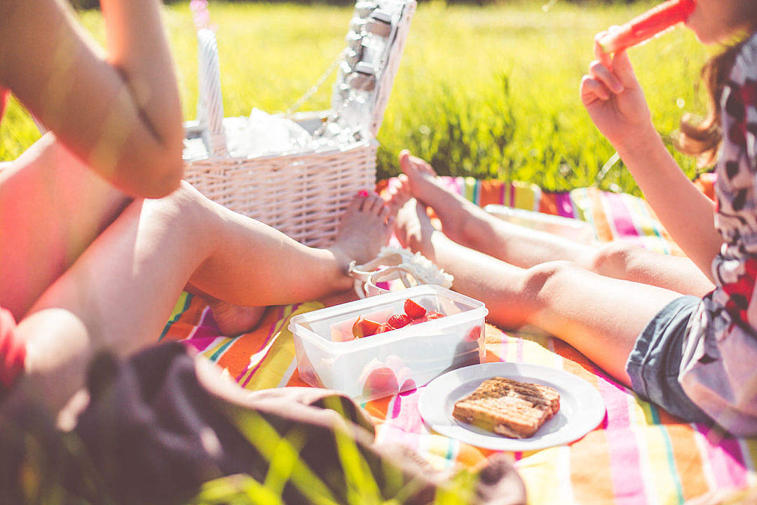 Two Girls Enjoying First Summer Picnic in Nature