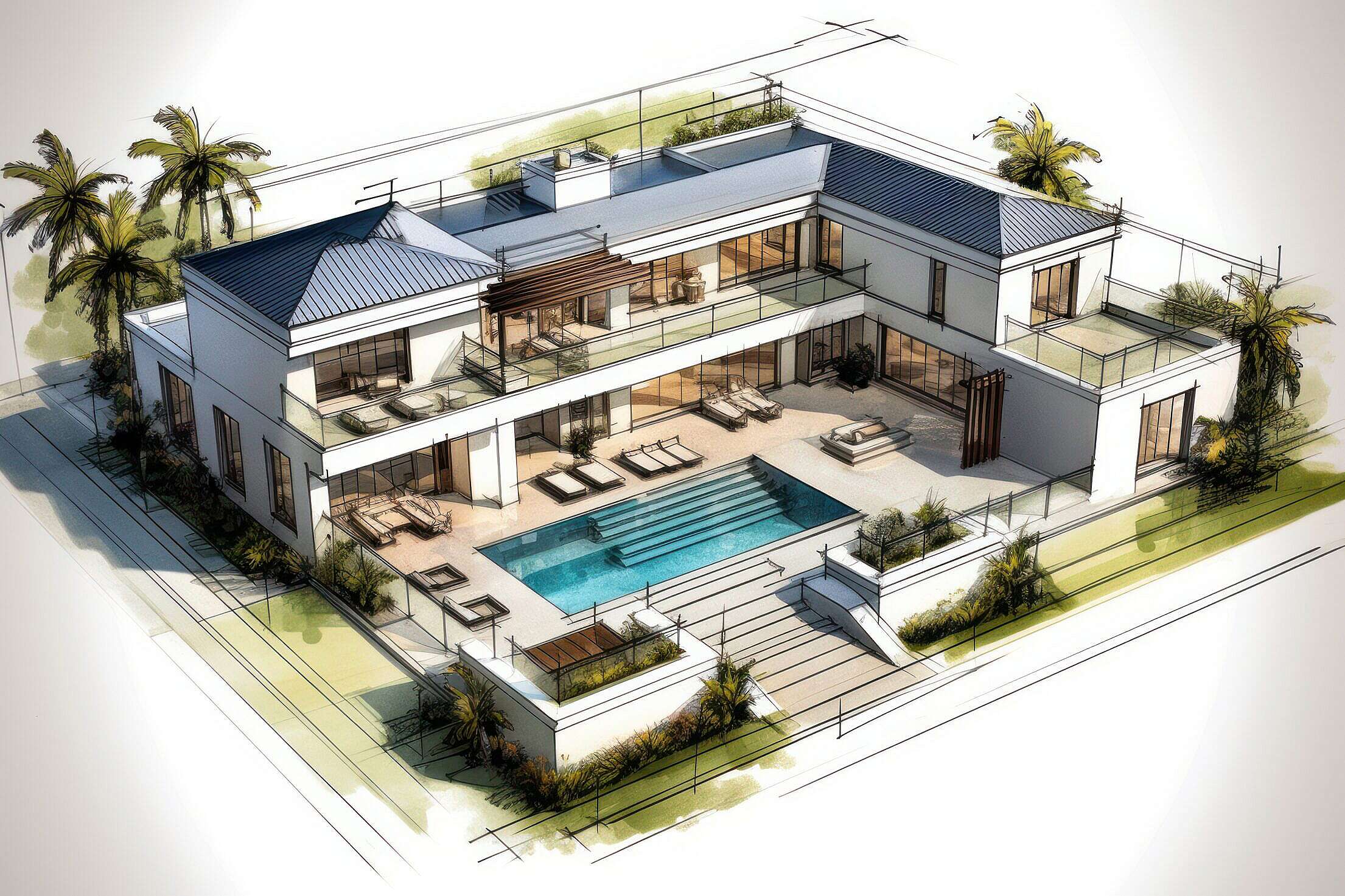 Upscale Luxury Villa with Swimming Pool Architect Sketching Plan Free 