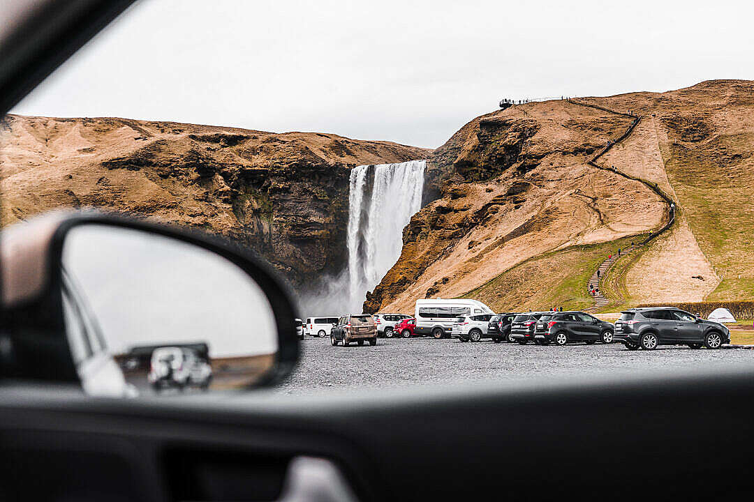 View from a Car to Skógafoss Waterfall