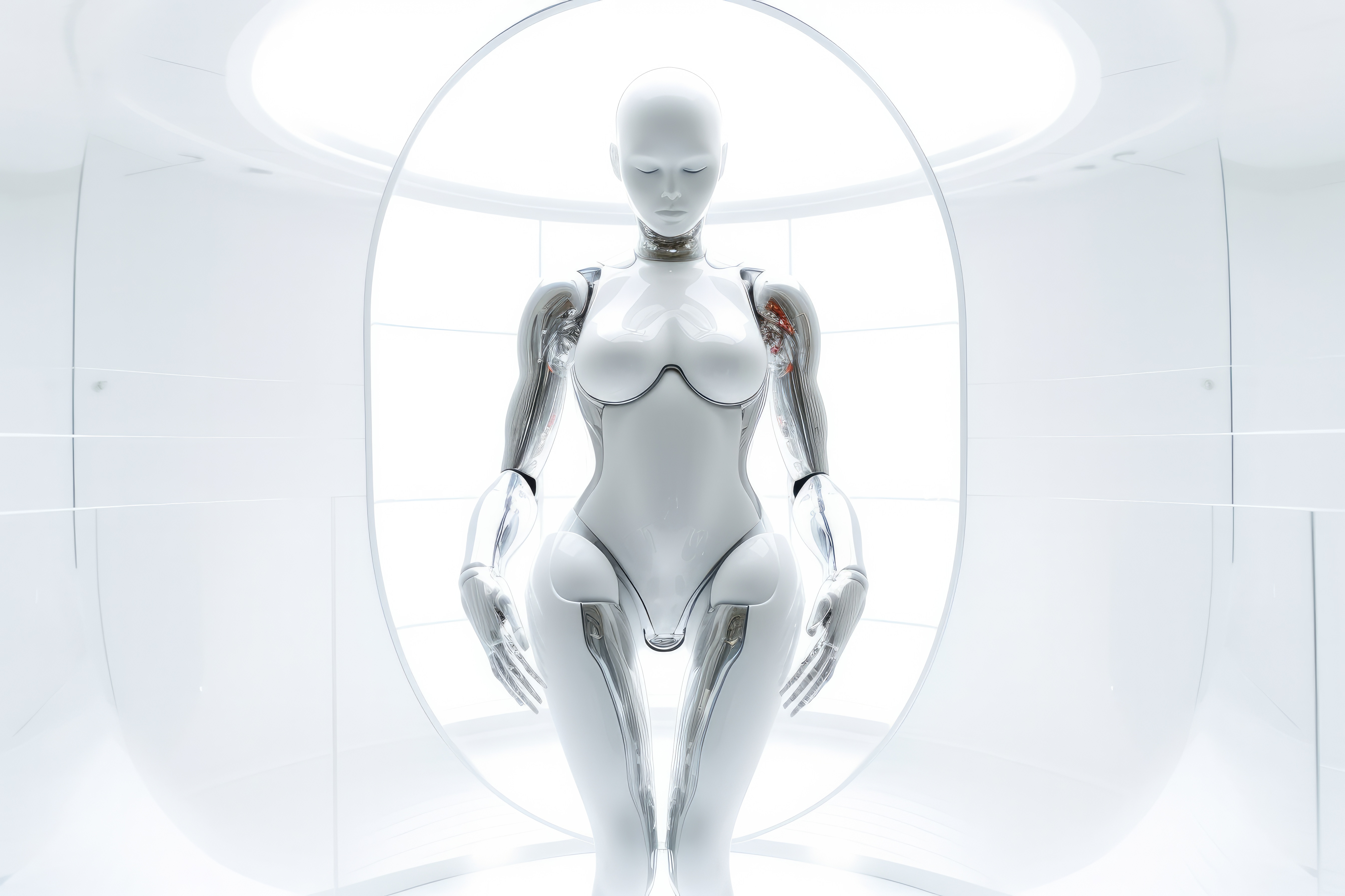 Woman Ai Robot using brain, Humanoid on glowing light background