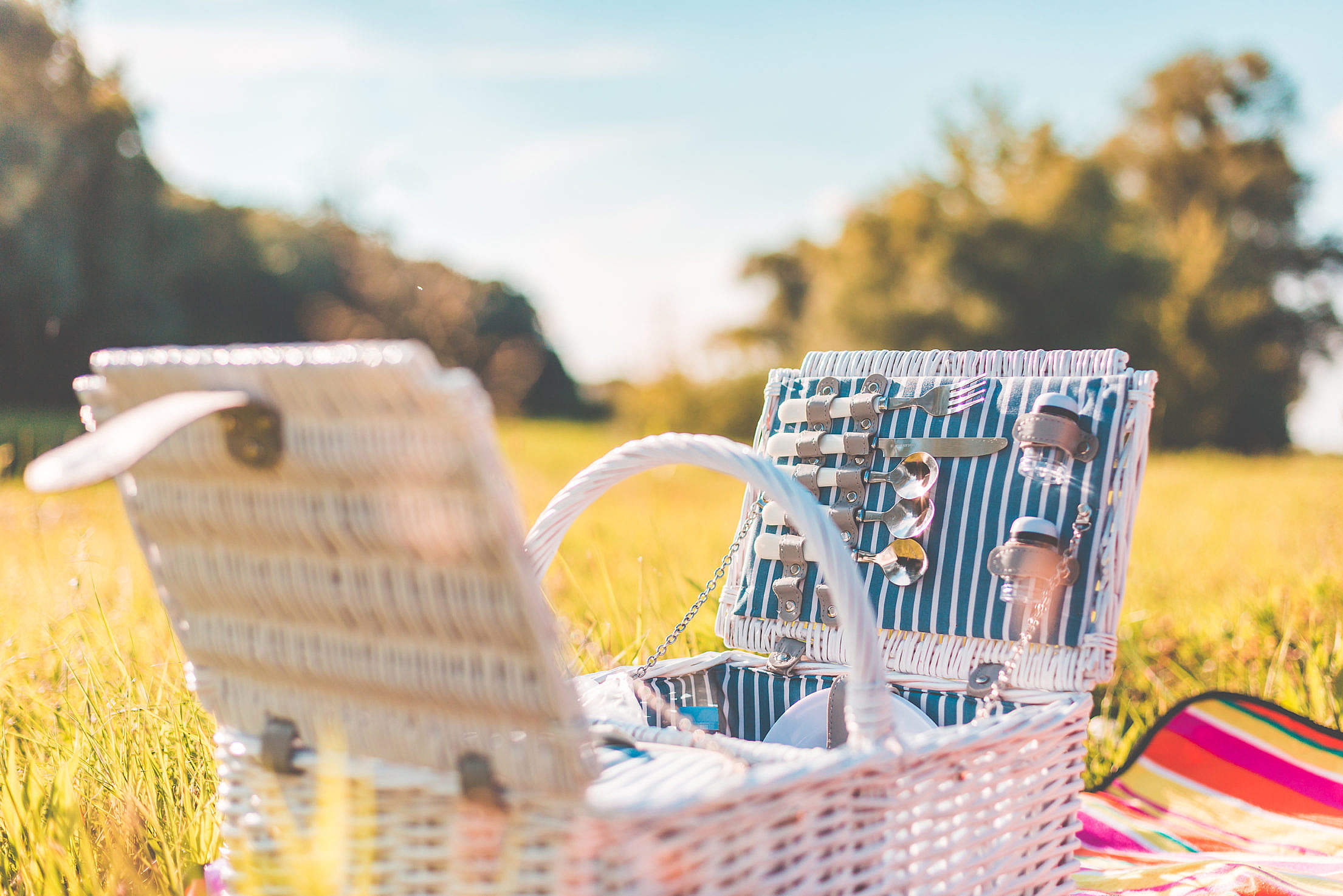 White Picnic Basket with Service on a Meadow Free Stock Photo picjumbo