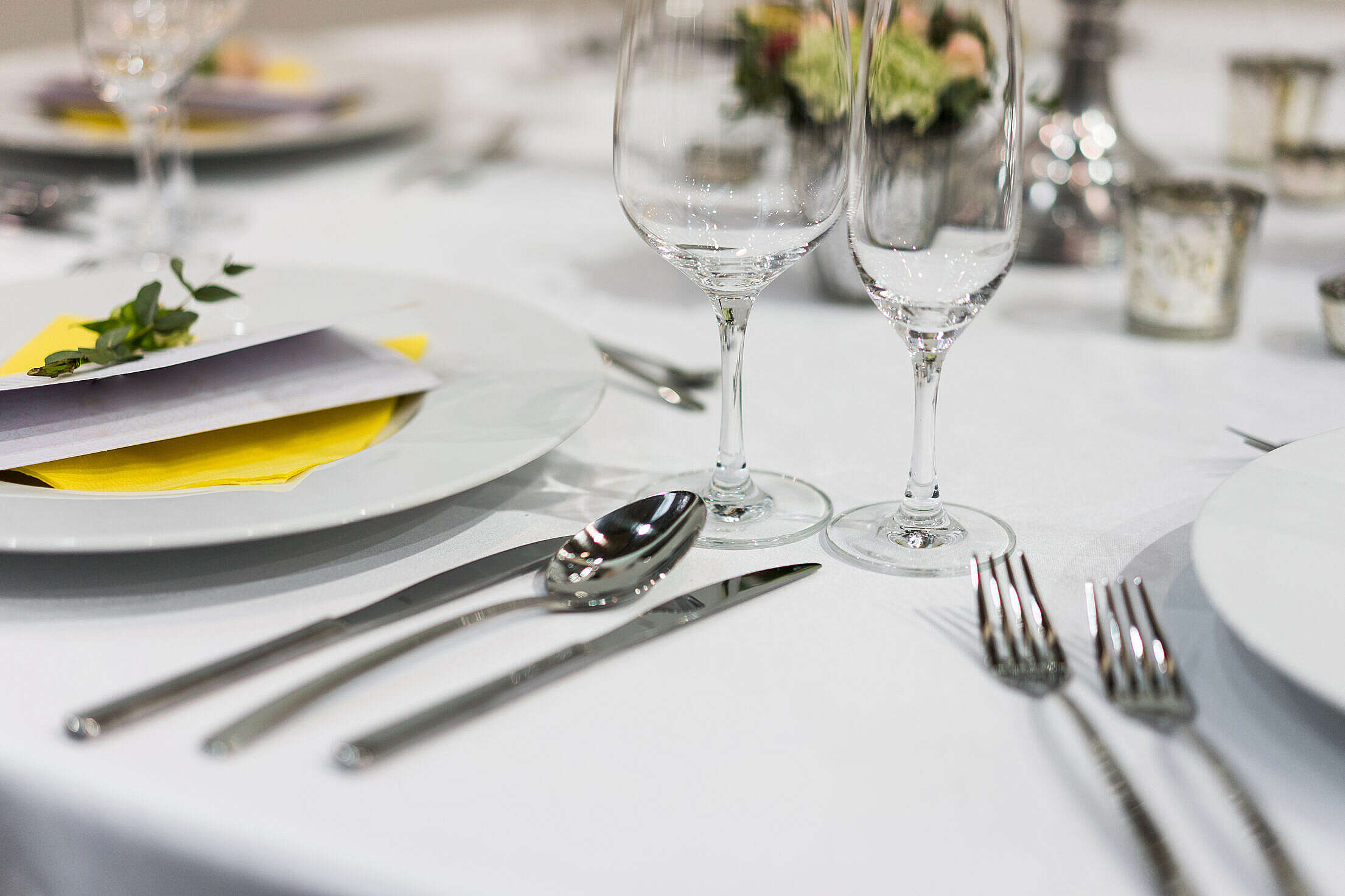 White Silver Wedding Table Setting Close Up Free Stock Photo